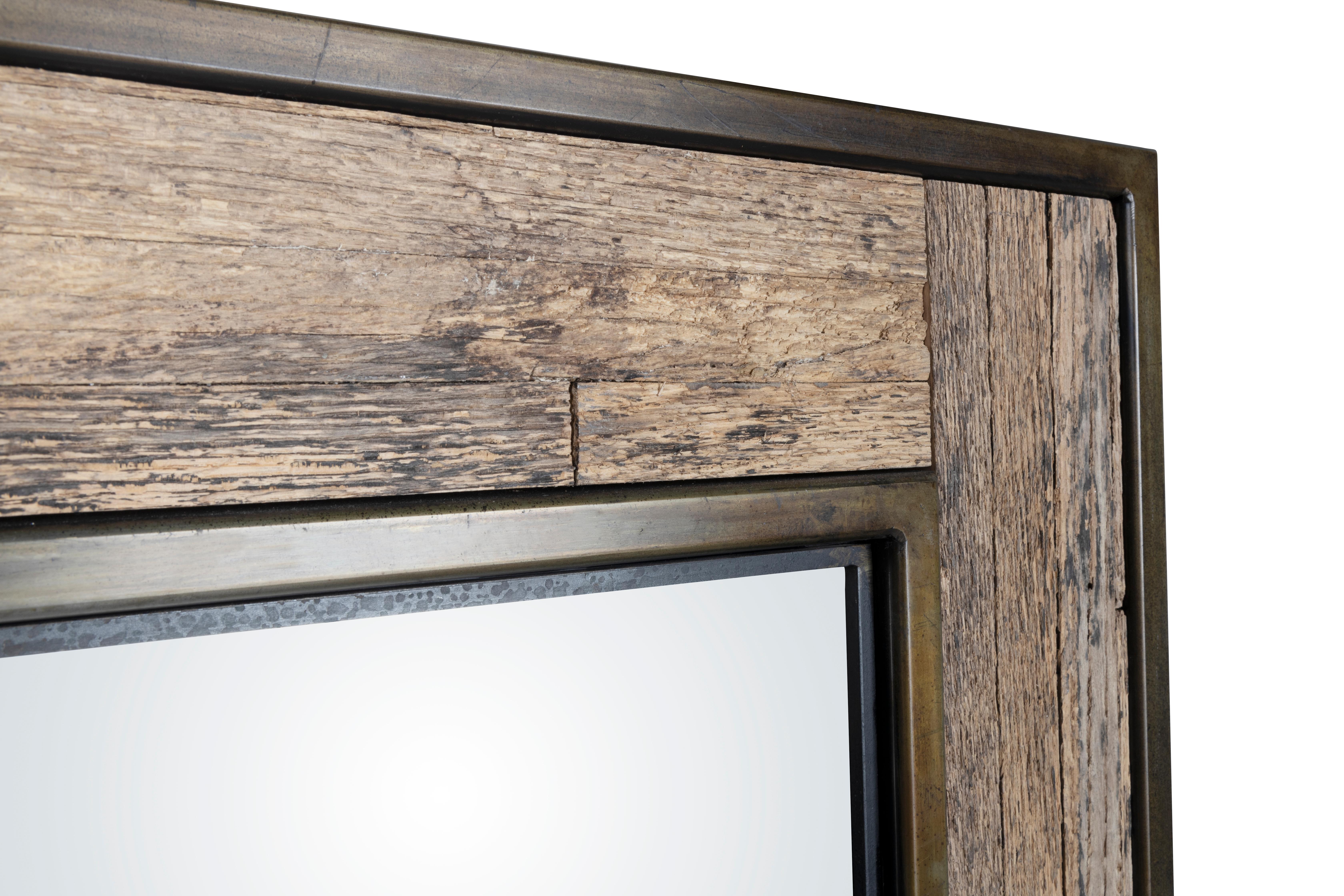 Extra large square mirror. Steel metal frame wrapped around reclaimed wood inlay. 

This piece is a part of our one-of-a-kind collection, Le Monde. Exclusive to Brendan Bass. 

Globally curated by Brendan Bass, Le Monde furniture and accessories