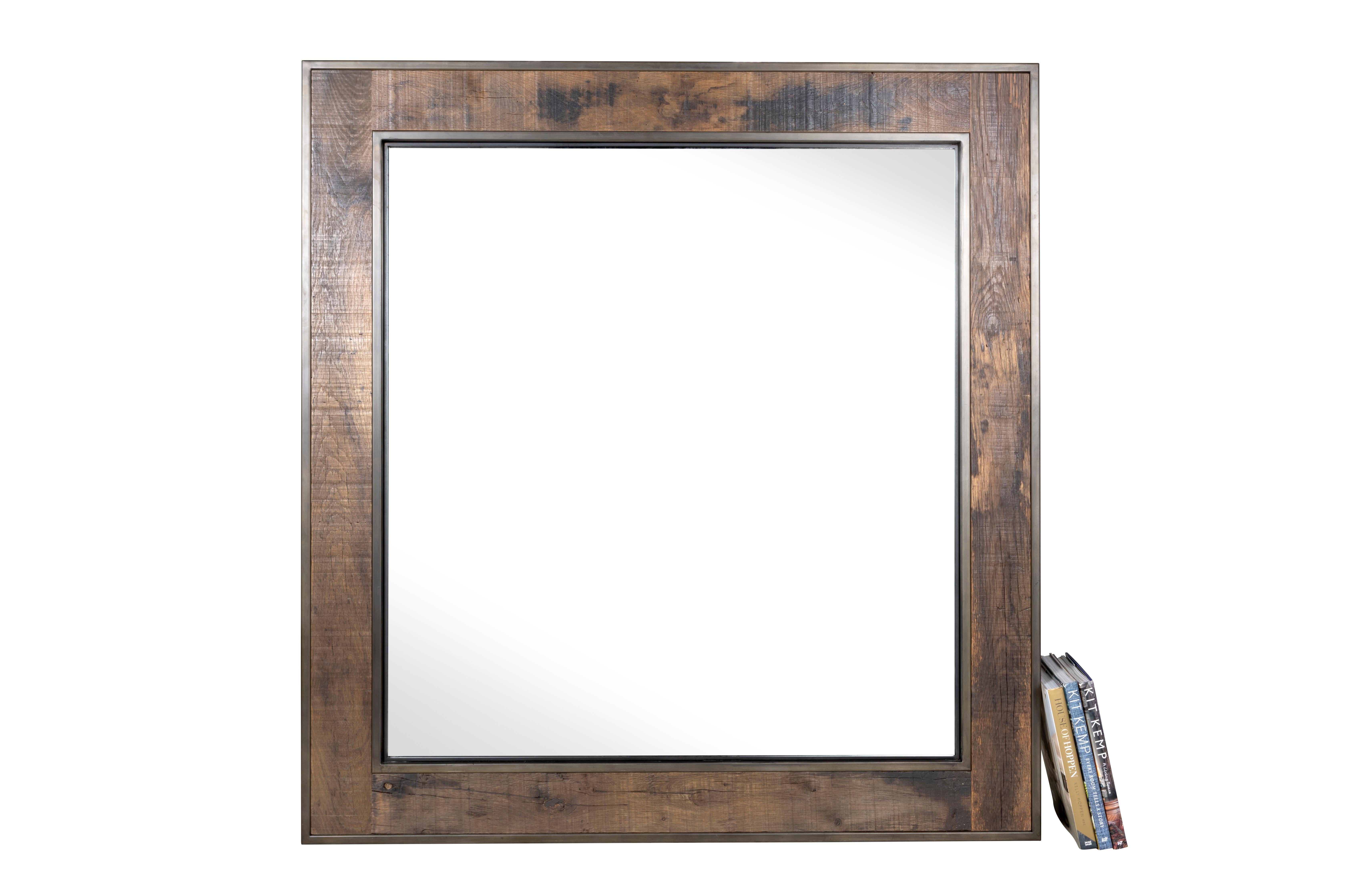Square extra large mirror. Steel metal frame wrapped around reclaimed wood inlay. 

This piece is a part of our one-of-a-kind collection, Le Monde. Exclusive to Brendan Bass. 

Globally curated by Brendan Bass, Le Monde furniture and accessories