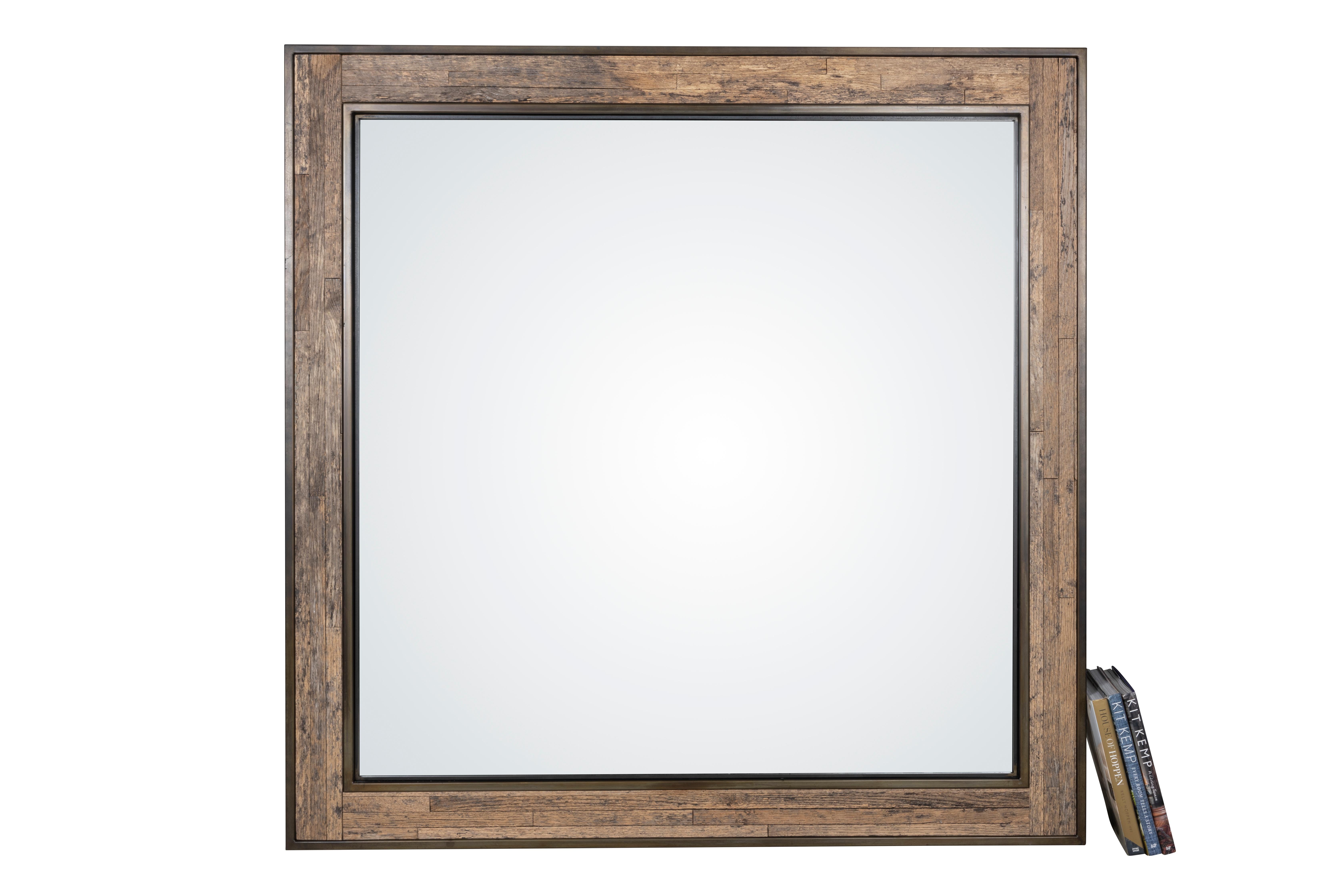 wood framed mirror with metal inlay