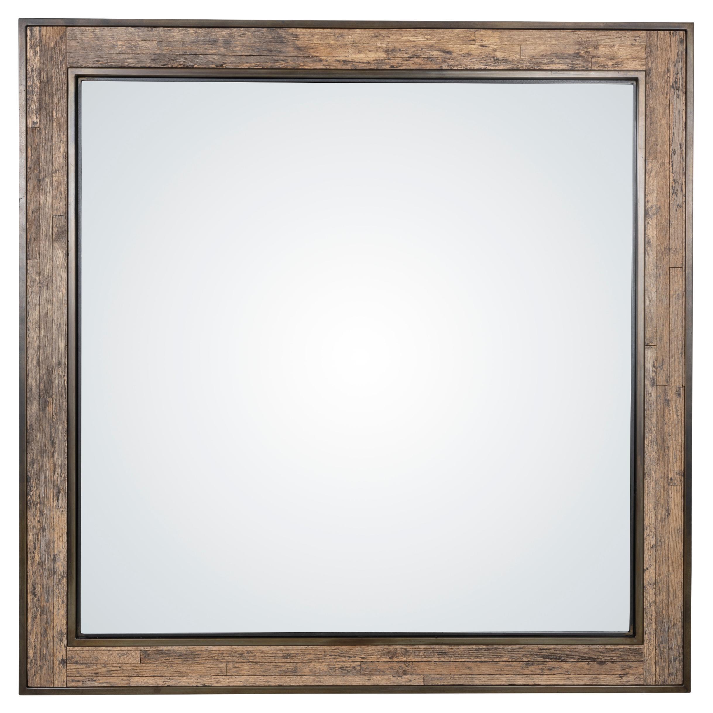 Quadratischer Spiegel mit Metallrahmen und Holzplattenintarsien