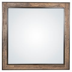 Miroir carré à cadre métallique avec panneau en bois incrusté