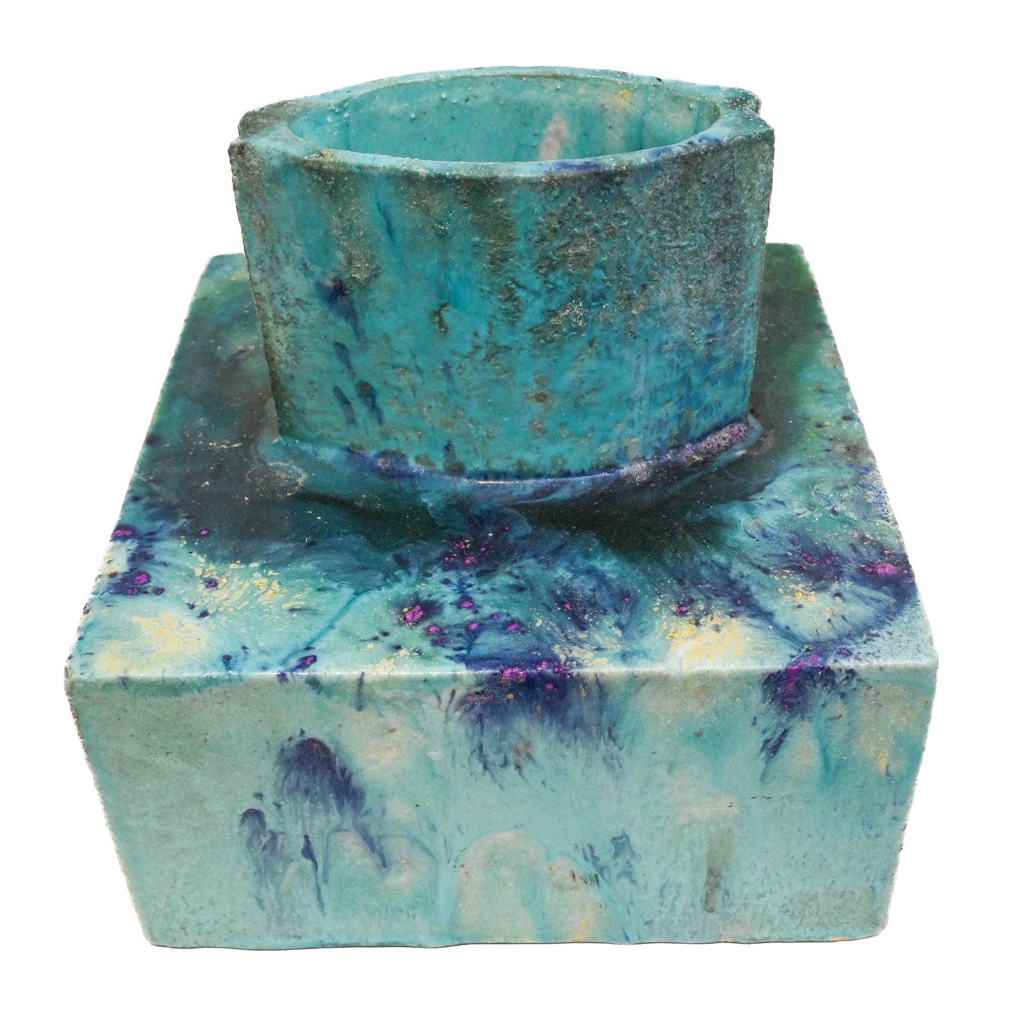 Ceramic square mid century aqua slab vase by Marcello Fantoni Italy For Sale