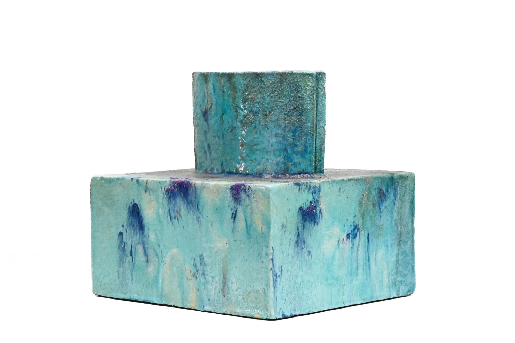 square mid century aqua slab vase by Marcello Fantoni Italy For Sale 1