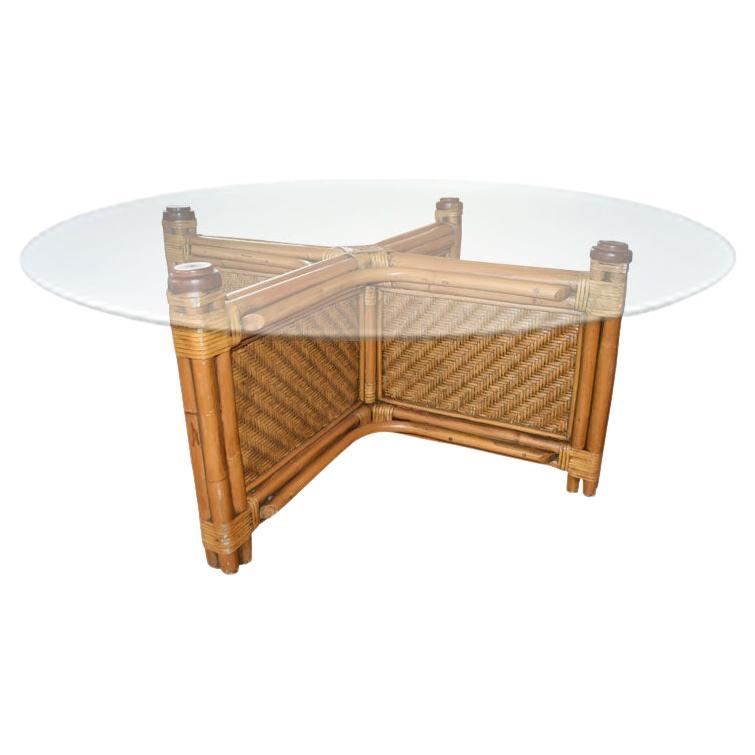 Square Mid Century Bamboo and Rattan X Base Coffee Table with Round Glass Top