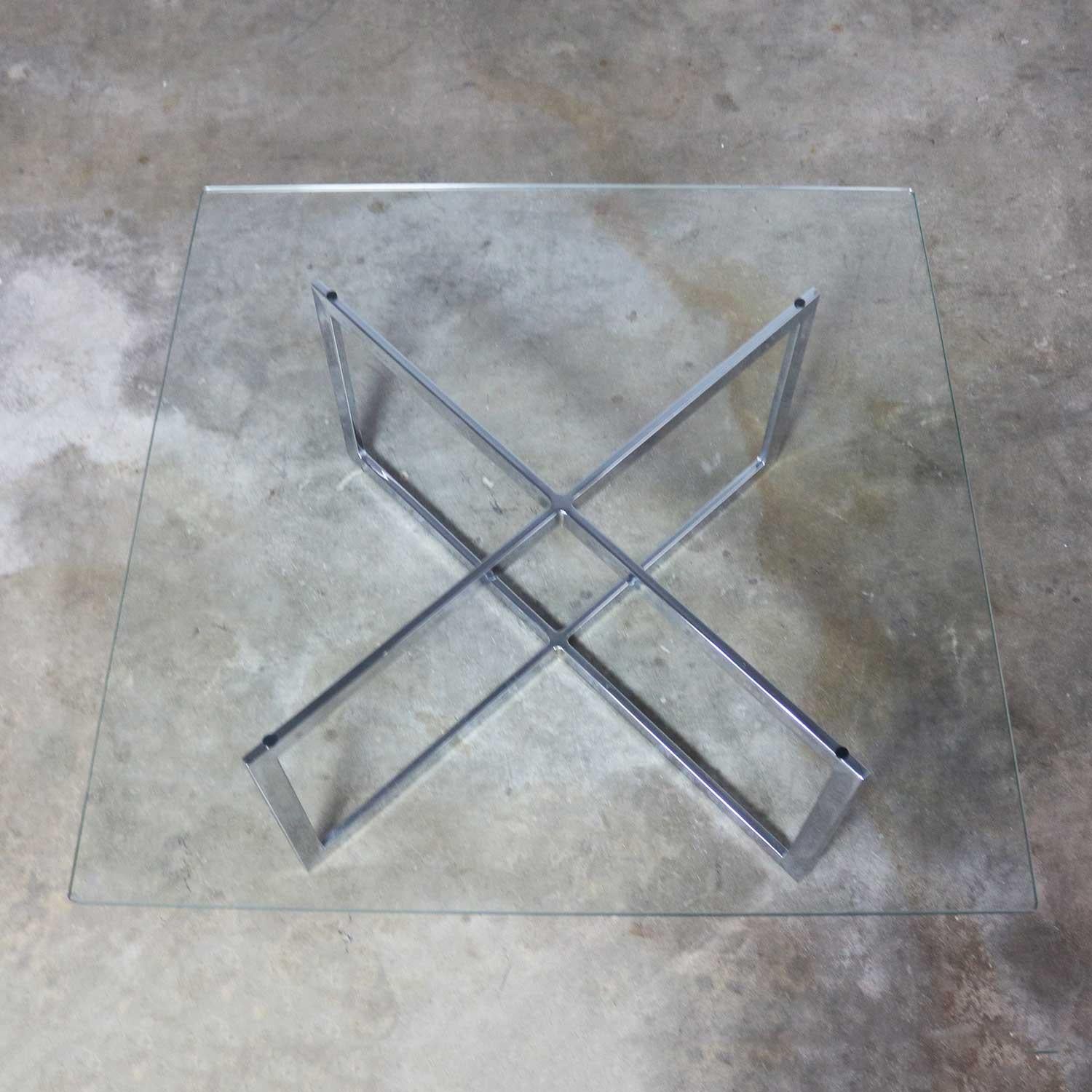 Square Mid-Century Modern Chrome X-Base Glass Top Coffee Table after Baughman 7