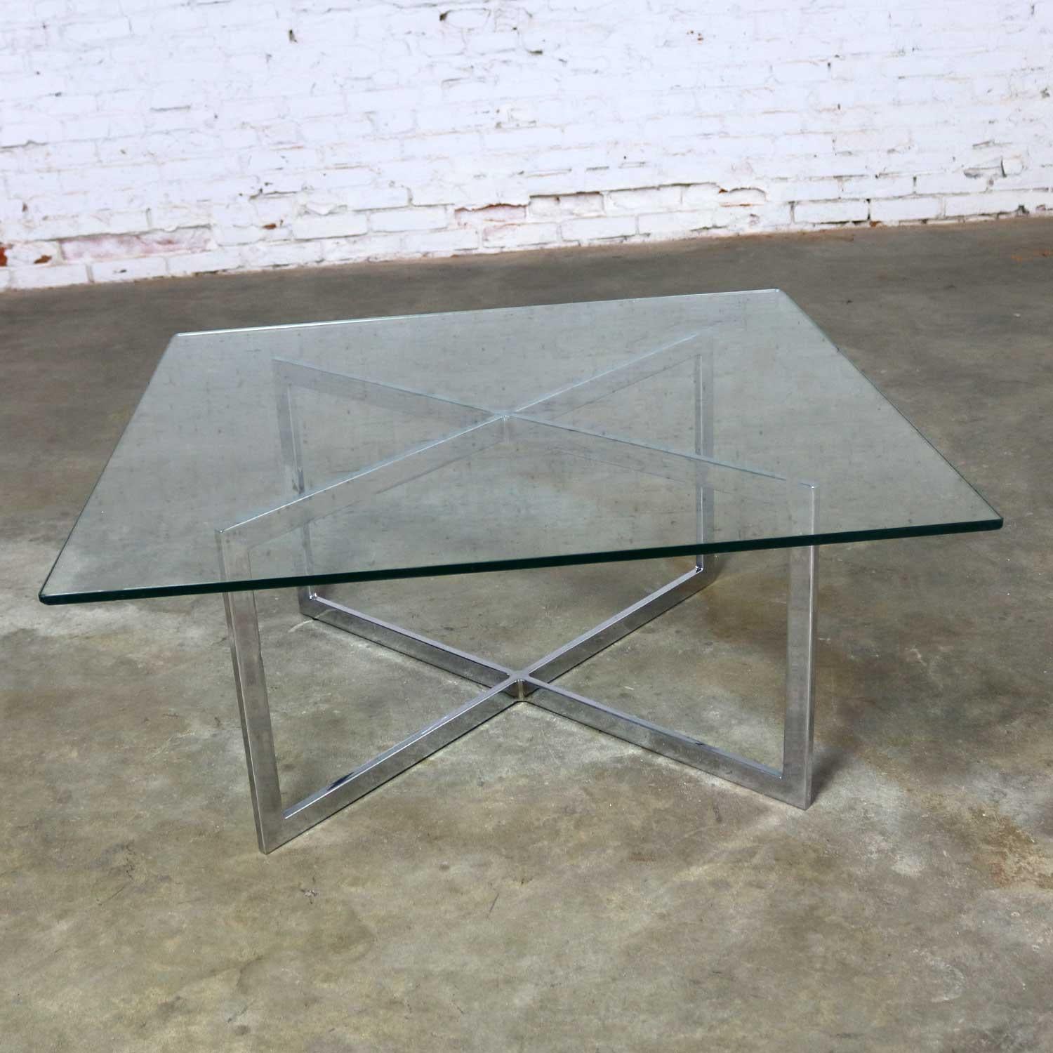 20th Century Square Mid-Century Modern Chrome X-Base Glass Top Coffee Table after Baughman