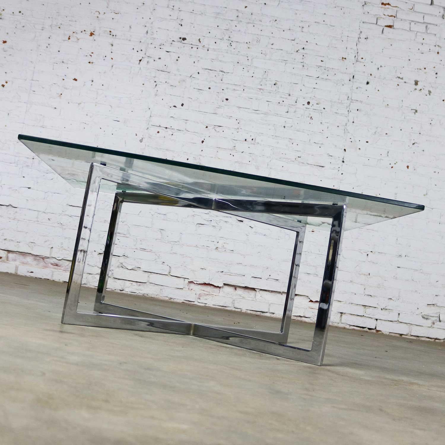 Square Mid-Century Modern Chrome X-Base Glass Top Coffee Table after Baughman 1