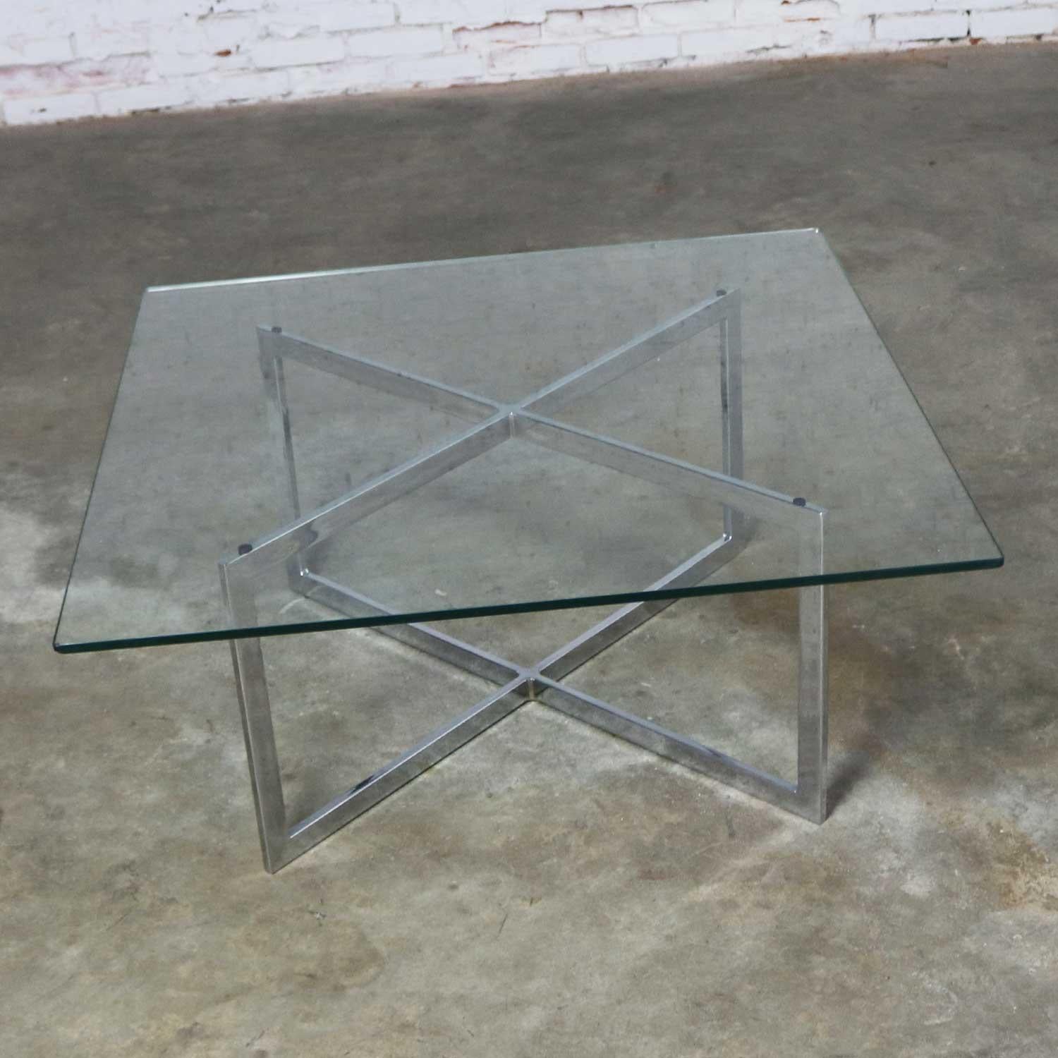 Square Mid-Century Modern Chrome X-Base Glass Top Coffee Table after Baughman 2