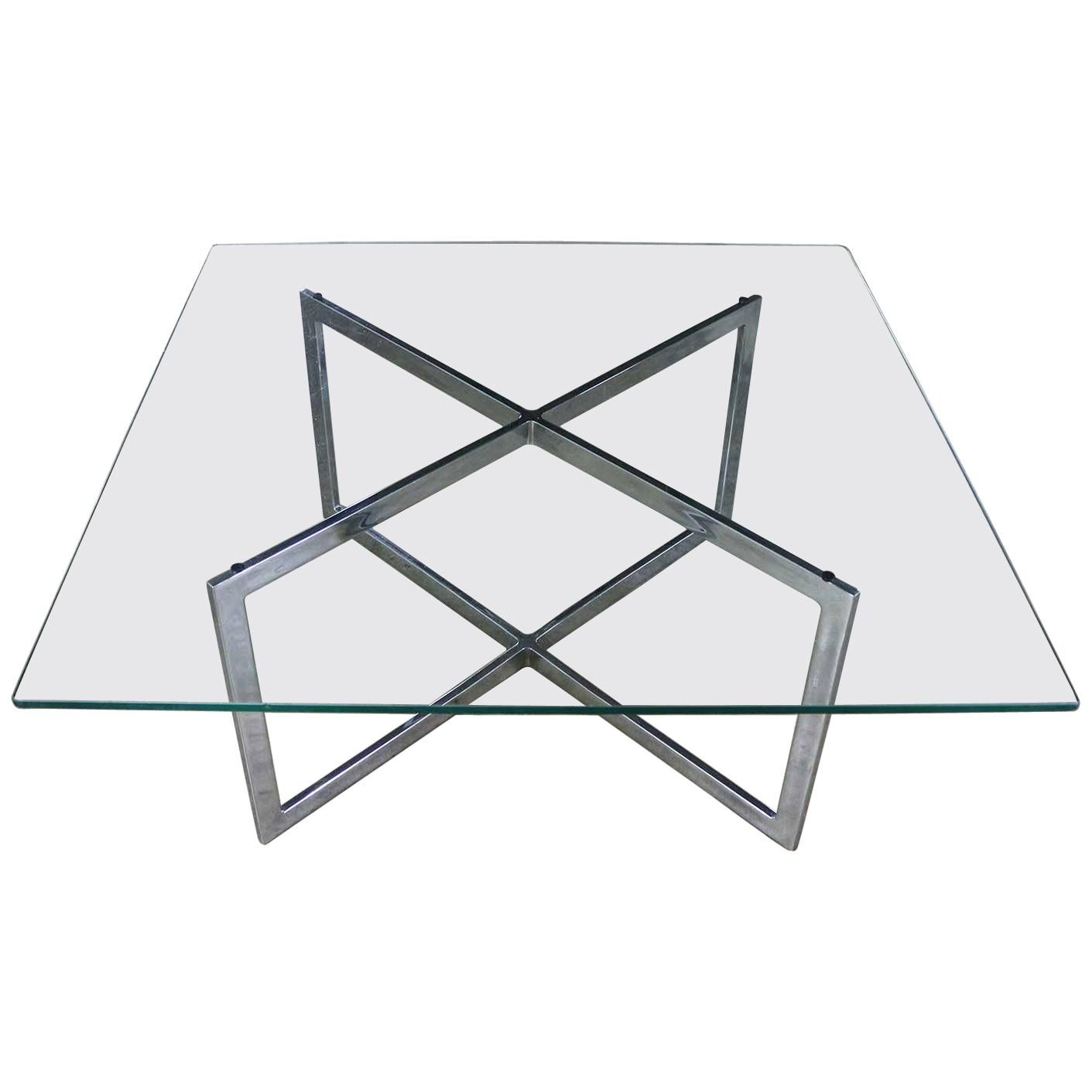 Square Mid-Century Modern Chrome X-Base Glass Top Coffee Table after Baughman