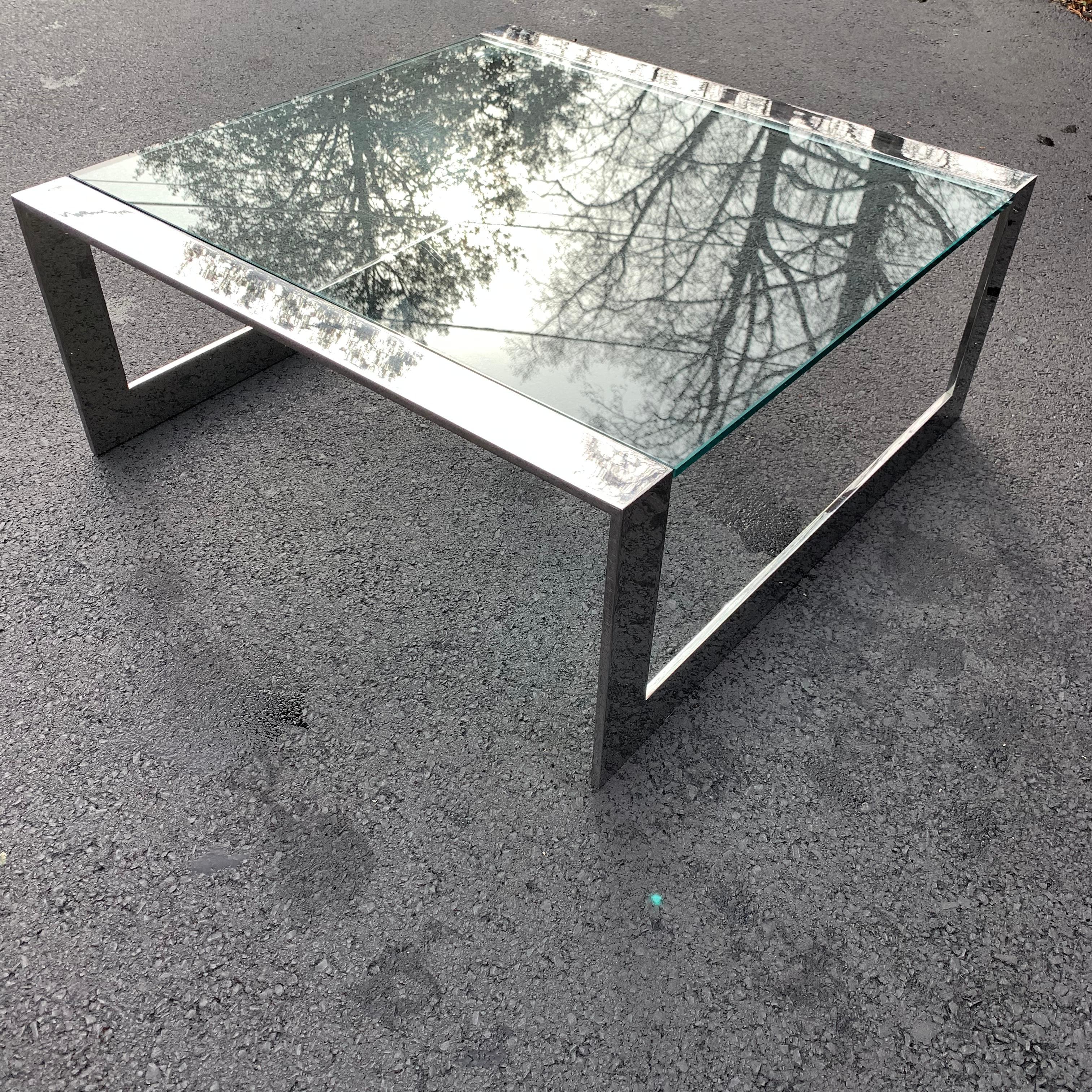 Square Mid-Century Modern Italian Glass Top Chromed Steel Cocktail Table For Sale 8