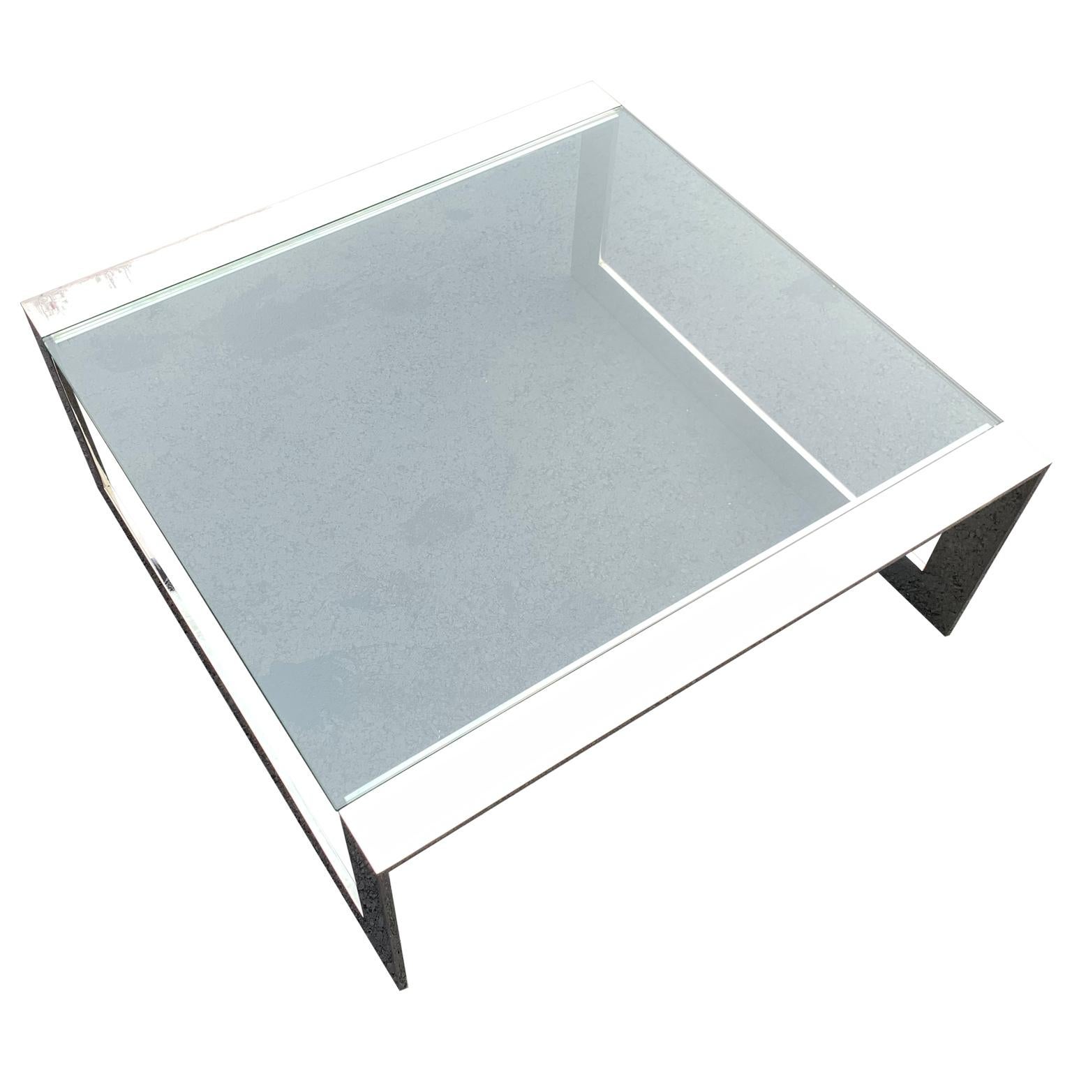 Square Mid-Century Modern Italian Glass Top Chromed Steel Cocktail Table For Sale 1