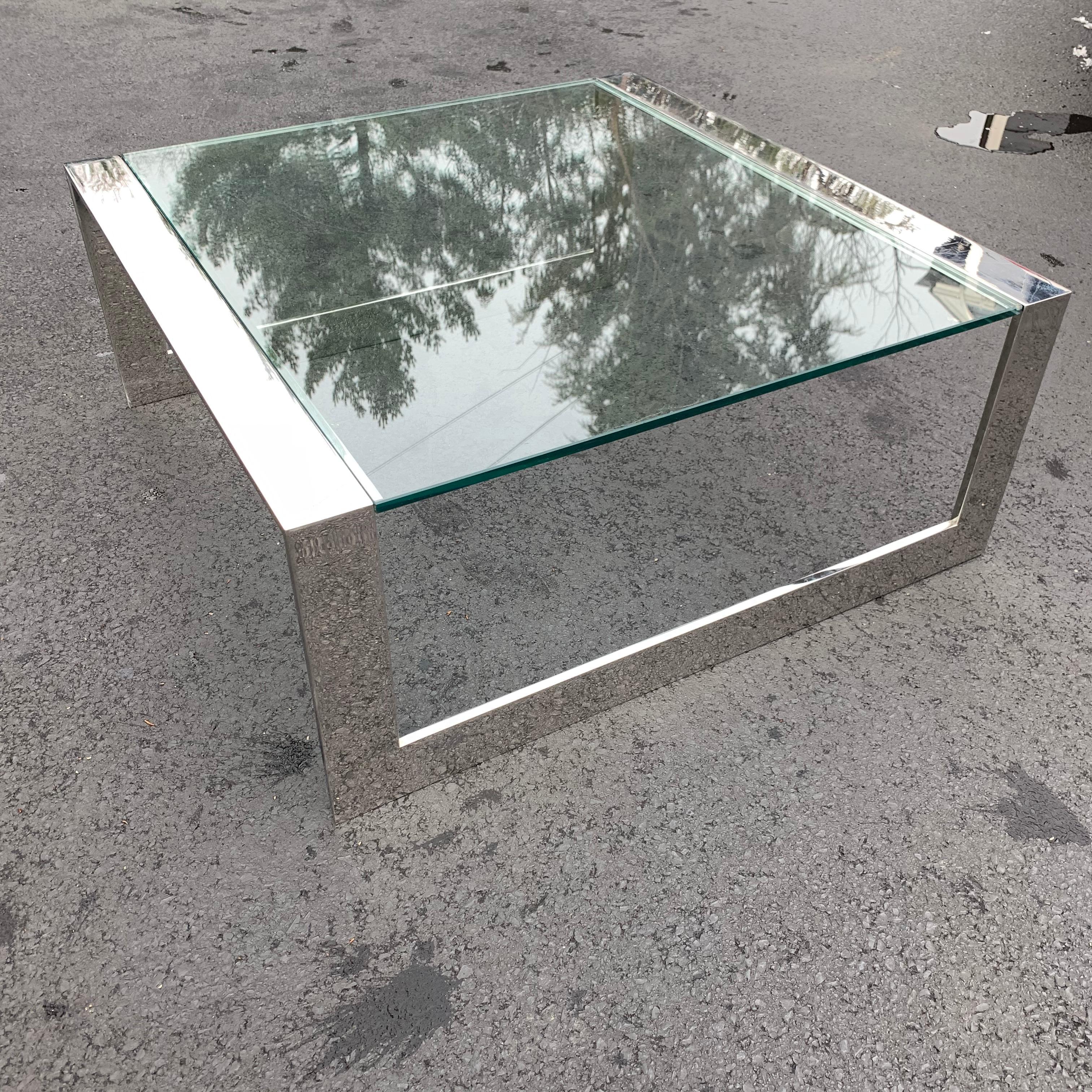 Square Mid-Century Modern Italian Glass Top Chromed Steel Cocktail Table For Sale 2