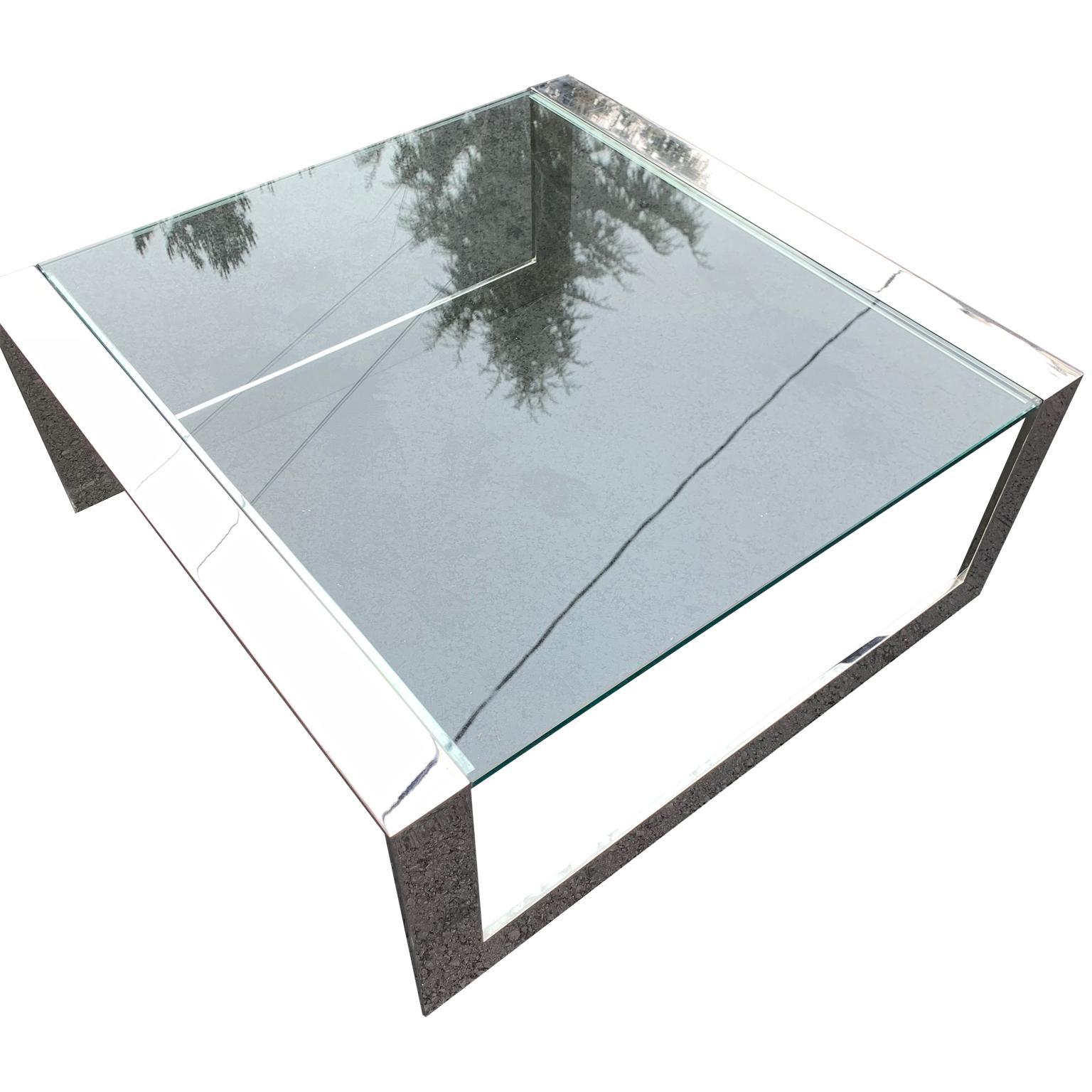 Square Mid-Century Modern Italian Glass Top Chromed Steel Cocktail Table For Sale 3