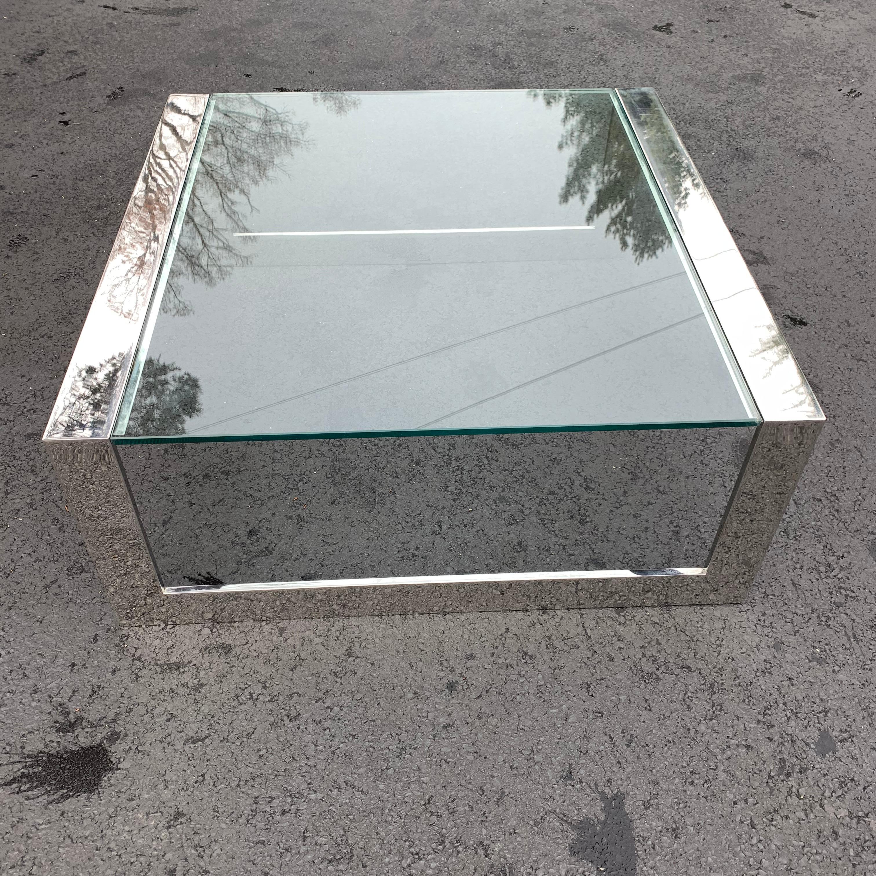 Square Mid-Century Modern Italian Glass Top Chromed Steel Cocktail Table For Sale 4