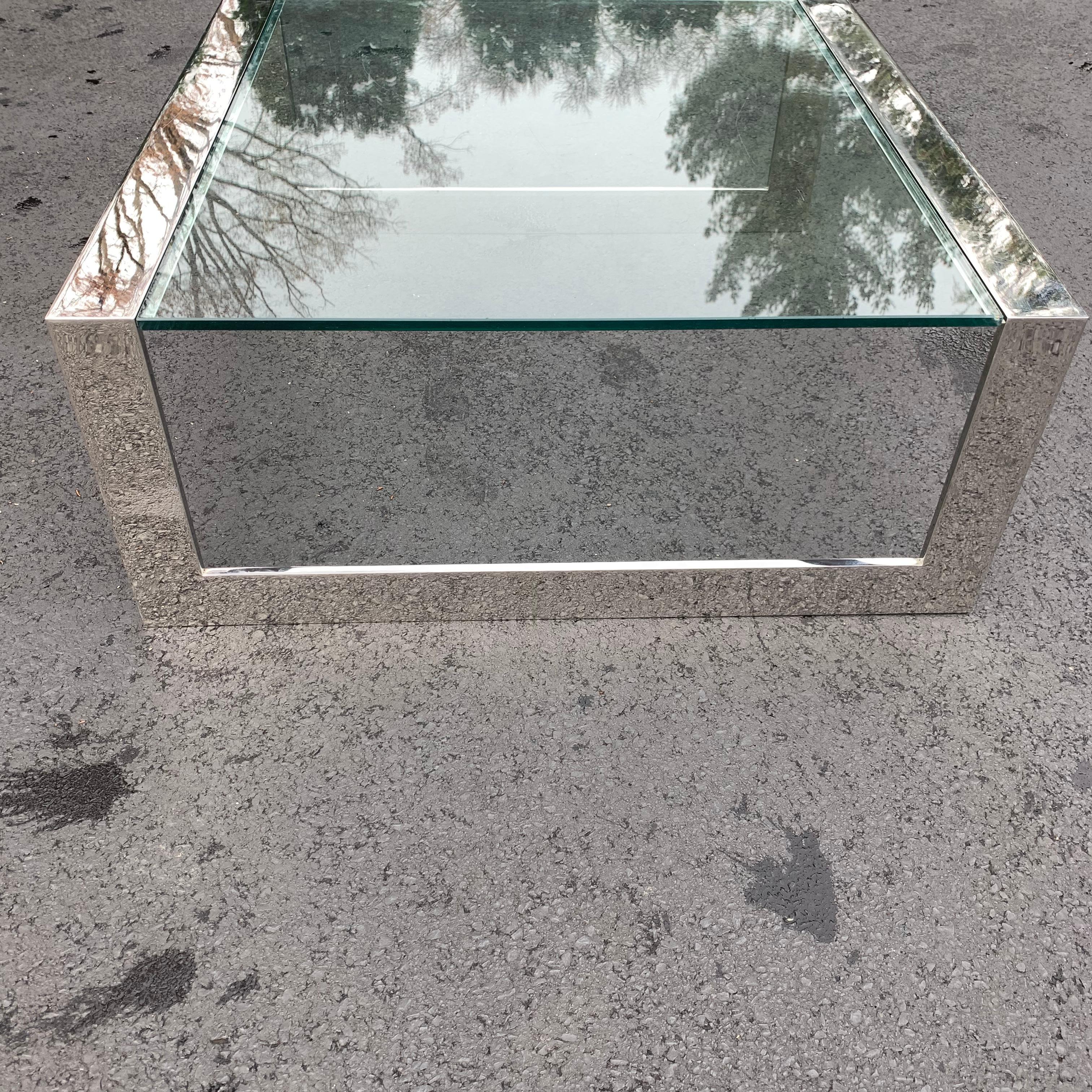 Square Mid-Century Modern Italian Glass Top Chromed Steel Cocktail Table For Sale 5