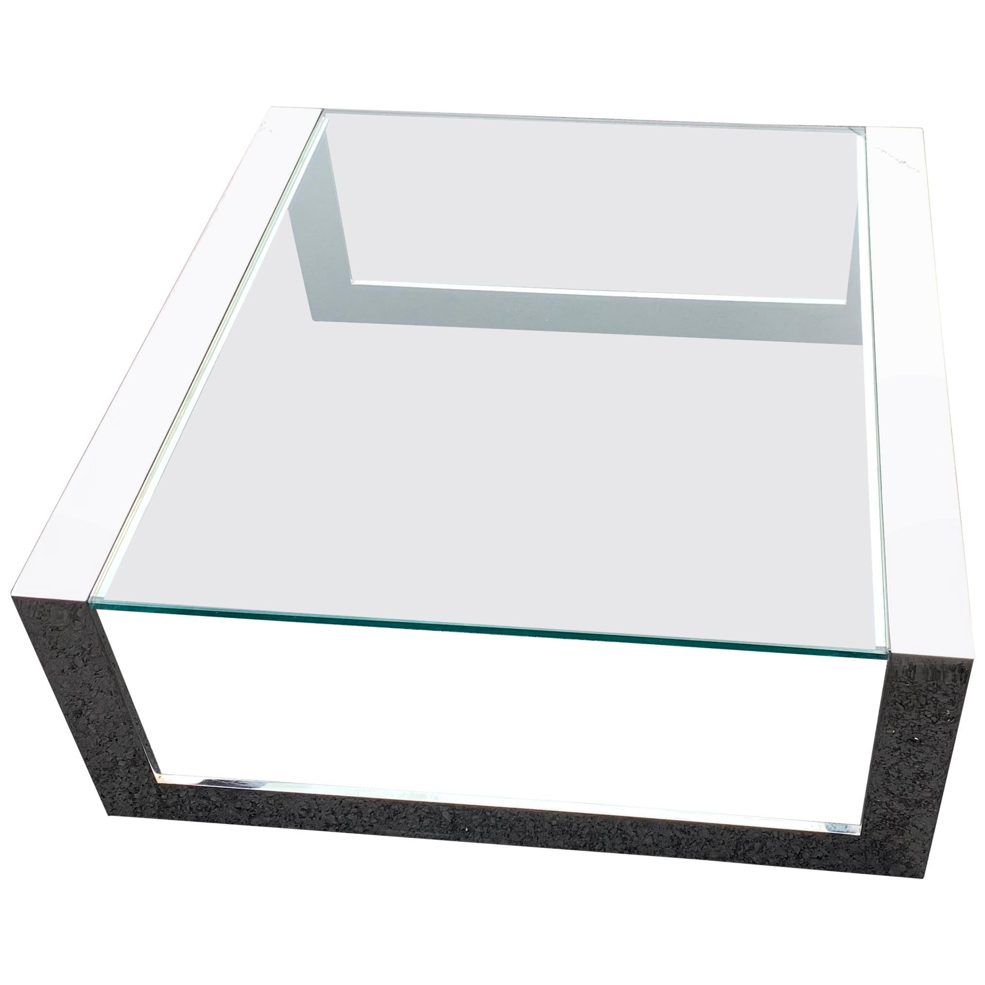 Table basse carrée italienne Mid-century modern avec plateau en acier chromé et plateau en verre