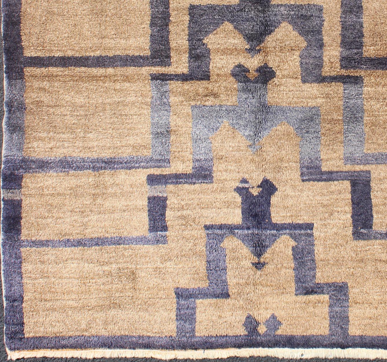 Hand-Knotted Square Mid-Century Modern Turkish Tulu with Tribal Pattern in Blue and Tan For Sale