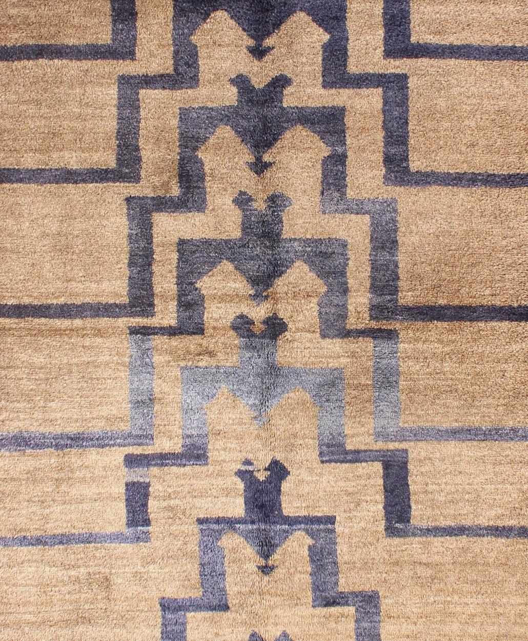 Square Mid-Century Modern Turkish Tulu with Tribal Pattern in Blue and Tan In Good Condition For Sale In Atlanta, GA