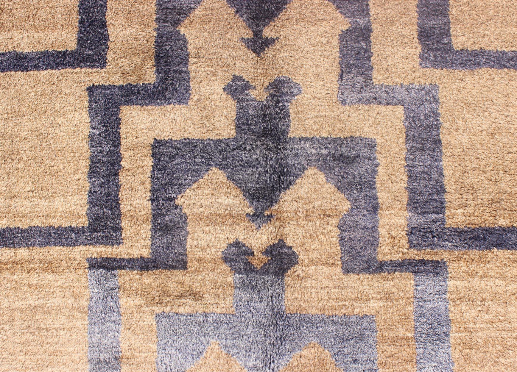 Square Mid-Century Modern Turkish Tulu with Tribal Pattern in Blue and Tan For Sale 2