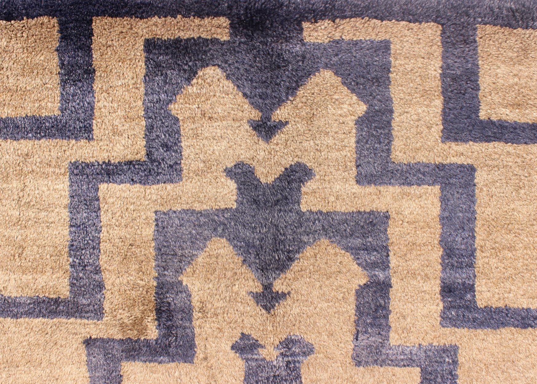 Square Mid-Century Modern Turkish Tulu with Tribal Pattern in Blue and Tan For Sale 3