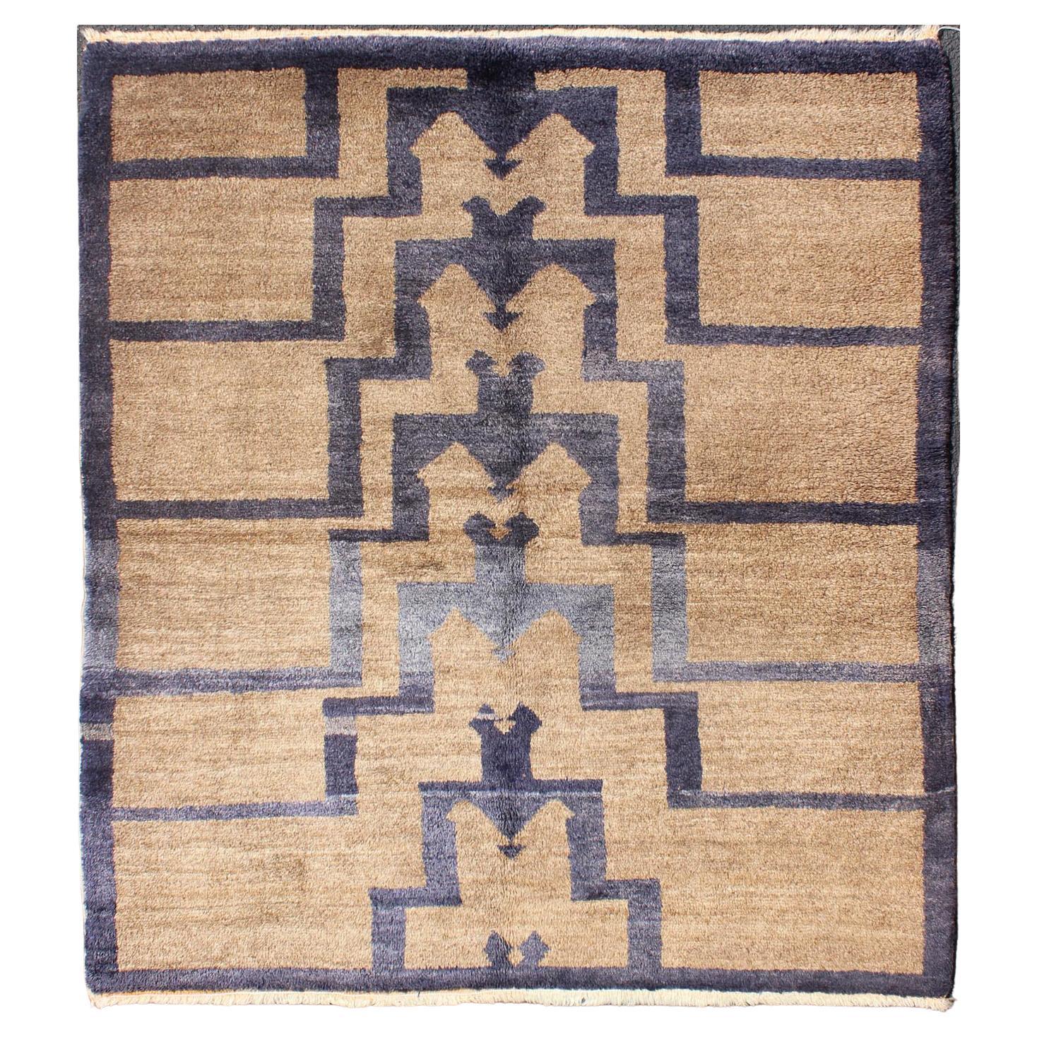 Square Mid-Century Modern Turkish Tulu with Tribal Pattern in Blue and Tan For Sale