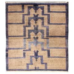 Square Mid-Century Modern Turkish Tulu with Tribal Pattern in Blue and Tan