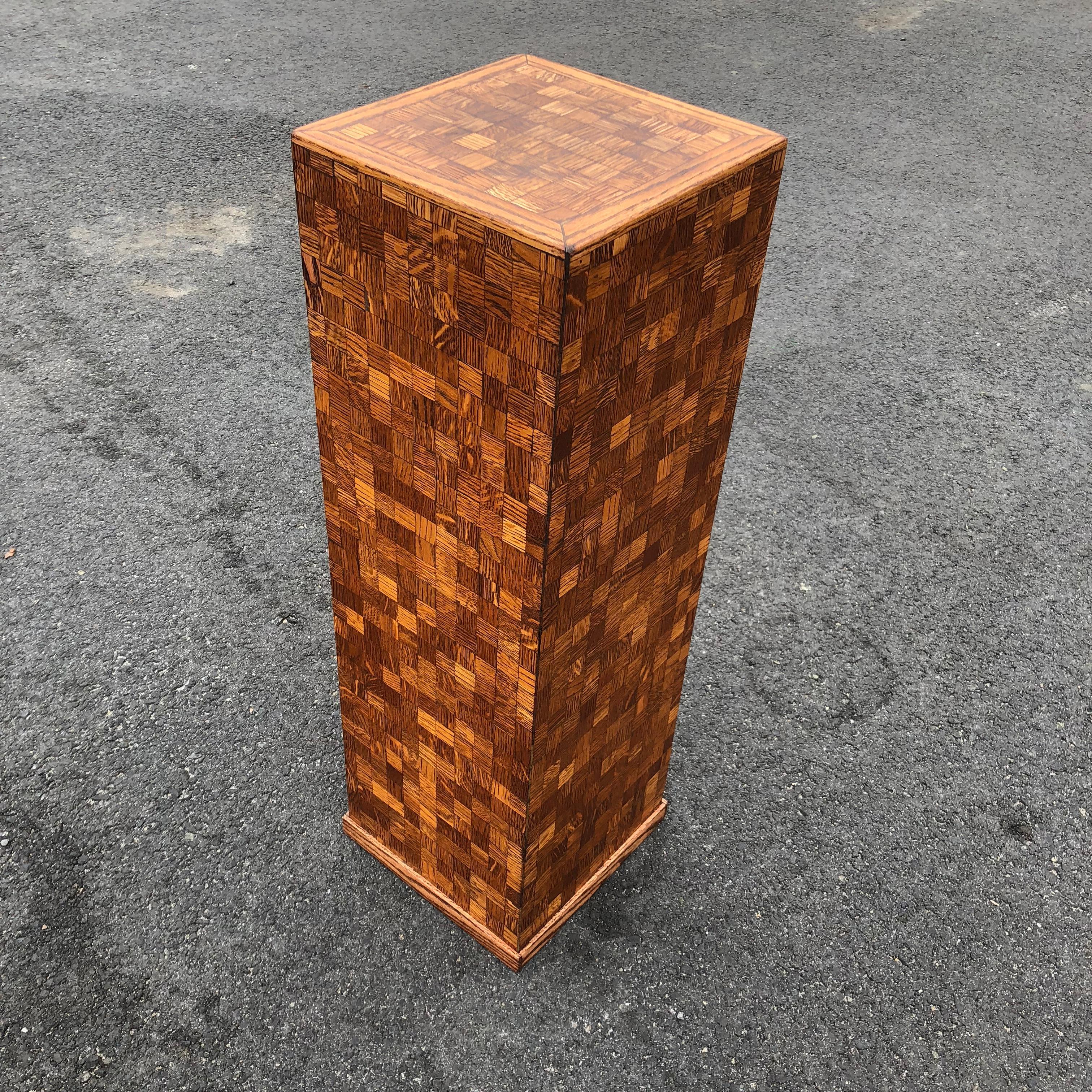 Square Mid-Century Modern Wooden Pedestal with Mosaic Wooden Tile Design 2