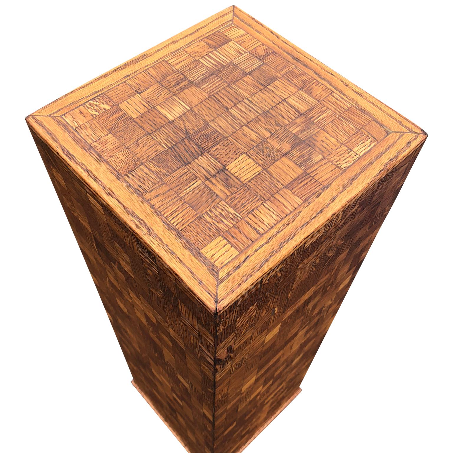 Square Mid-Century Modern wooden pedestal with mosaic wooden tile design.