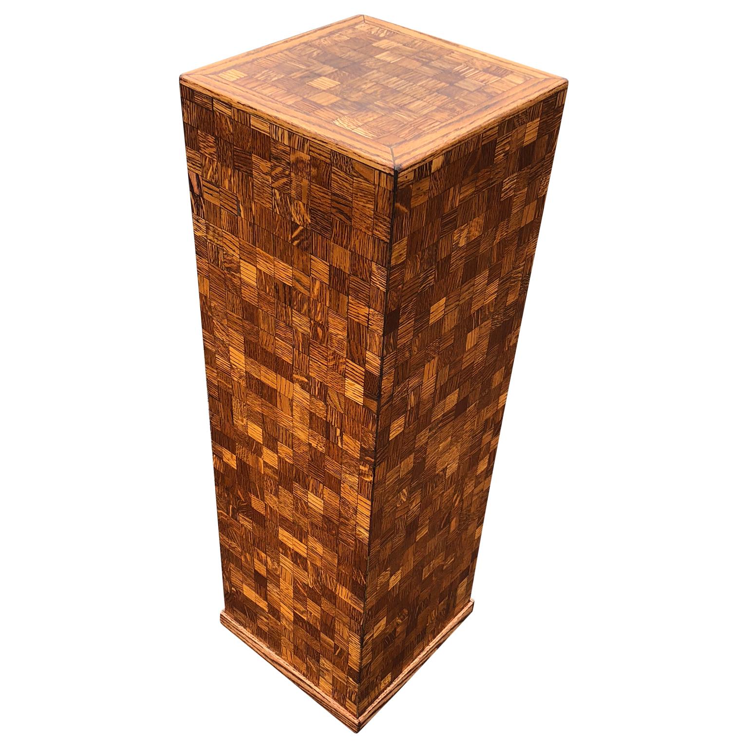 Hand-Crafted Square Mid-Century Modern Wooden Pedestal with Mosaic Wooden Tile Design