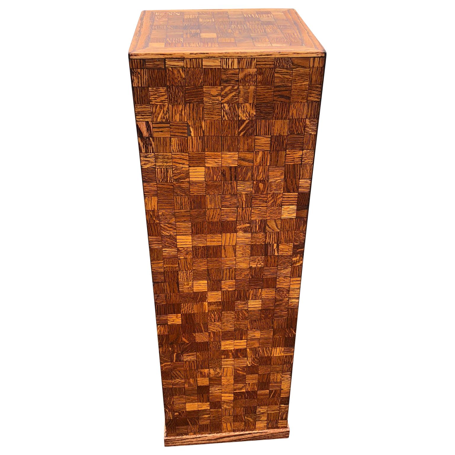 Square Mid-Century Modern Wooden Pedestal with Mosaic Wooden Tile Design