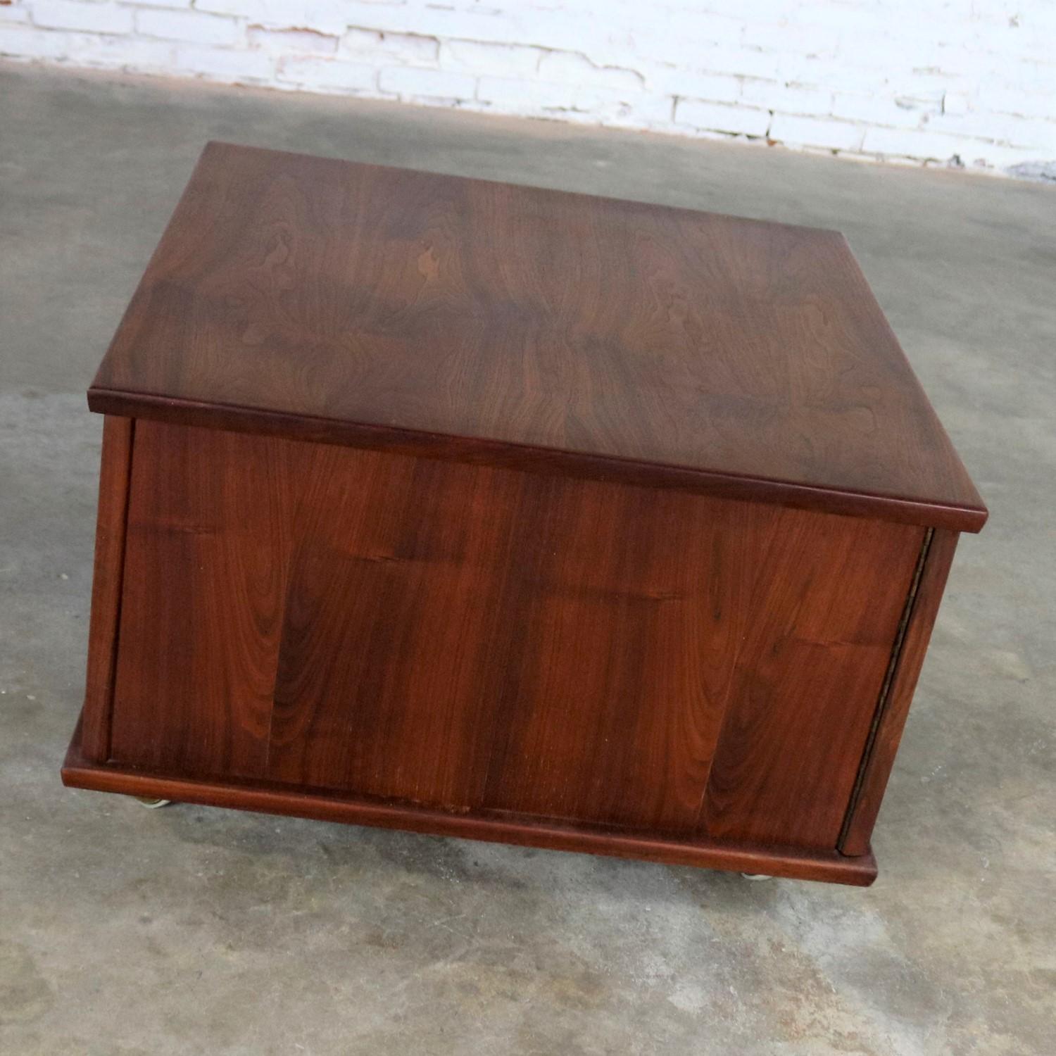 Square Midcentury Walnut Rolling End Table Storage Cabinet on Brass Ball Caster 3