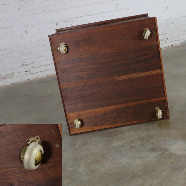 Square Midcentury Walnut Rolling End Table Storage on Brass