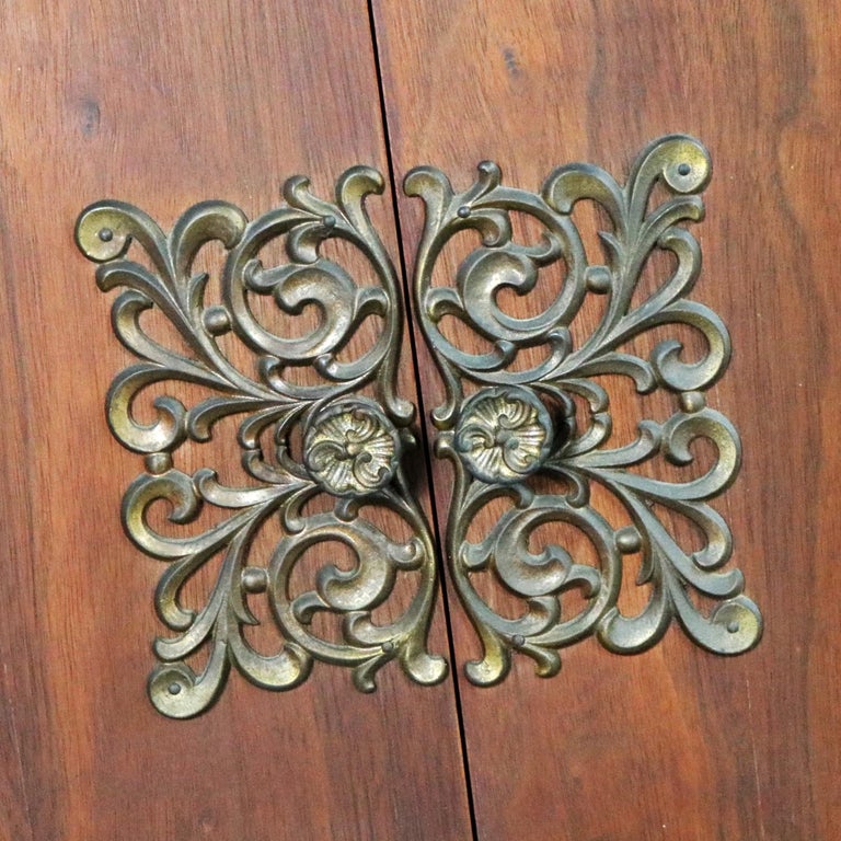 Square Midcentury Walnut Rolling End Table Storage on Brass