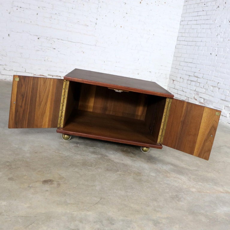 Square Midcentury Walnut Rolling End Table Storage on Brass
