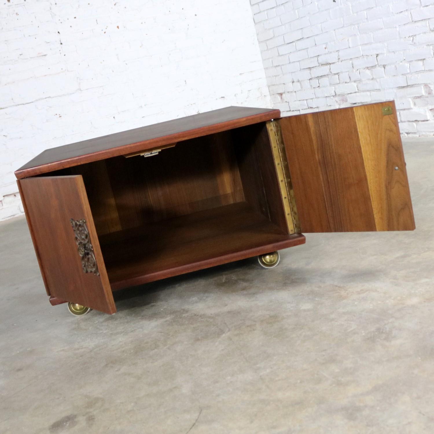 Square Midcentury Walnut Rolling End Table Storage Cabinet on Brass Ball Caster 7