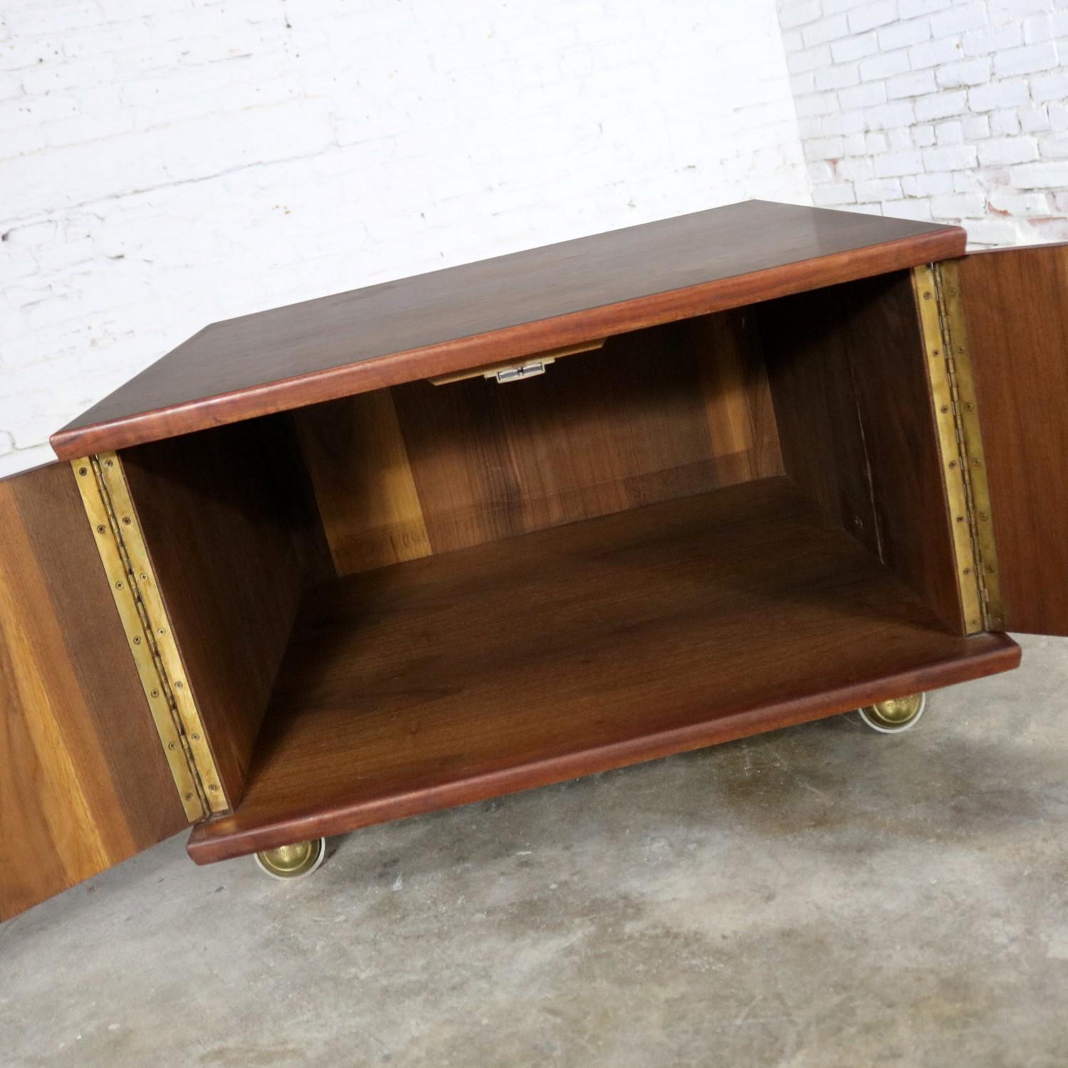 Square Midcentury Walnut Rolling End Table Storage Cabinet on Brass Ball Caster 8