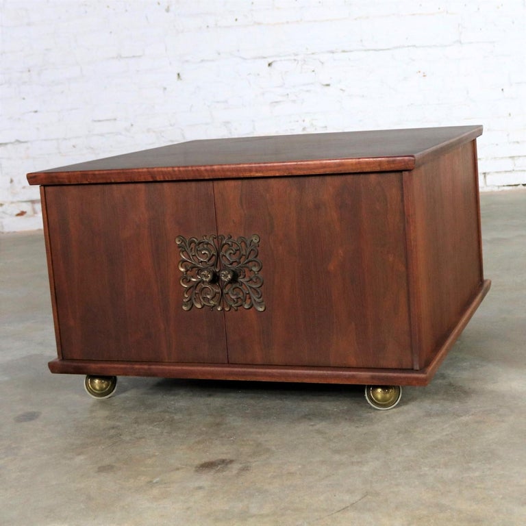 Square Midcentury Walnut Rolling End Table Storage on Brass