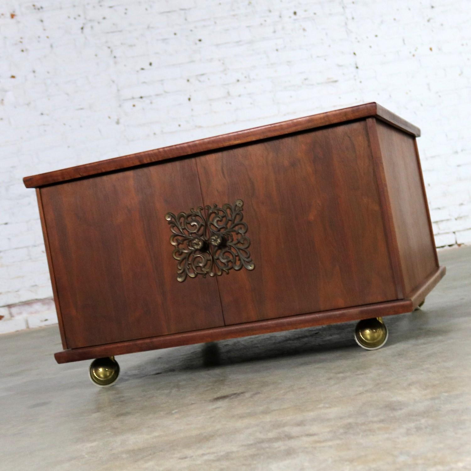 Mid-Century Modern Square Midcentury Walnut Rolling End Table Storage Cabinet on Brass Ball Caster