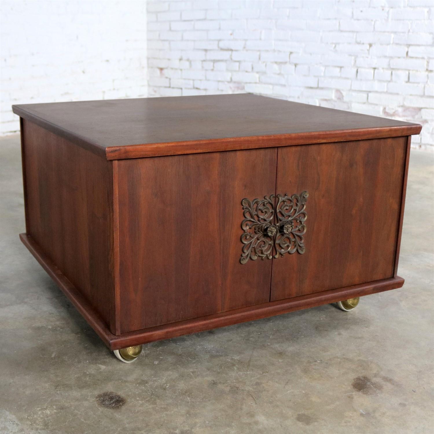American Square Midcentury Walnut Rolling End Table Storage Cabinet on Brass Ball Caster