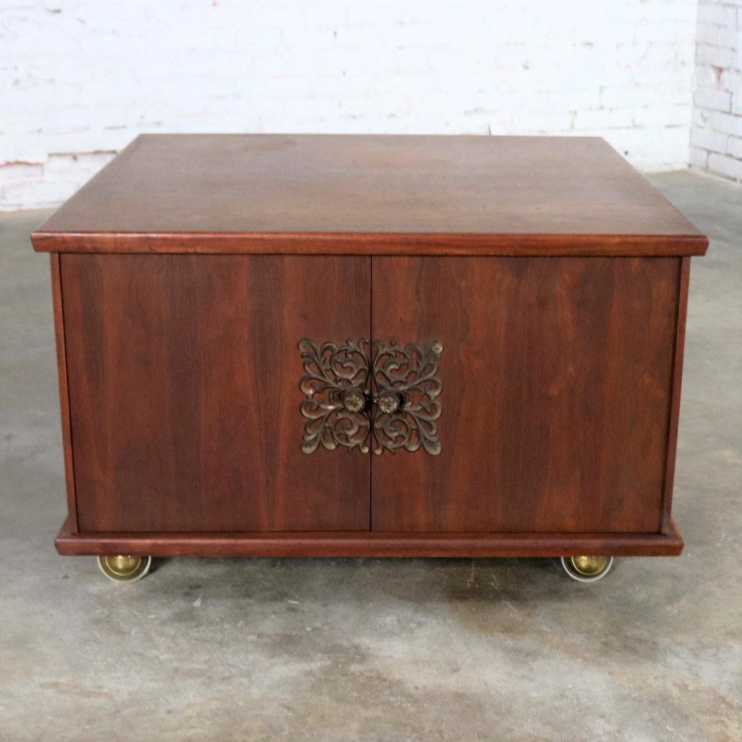 20th Century Square Midcentury Walnut Rolling End Table Storage Cabinet on Brass Ball Caster