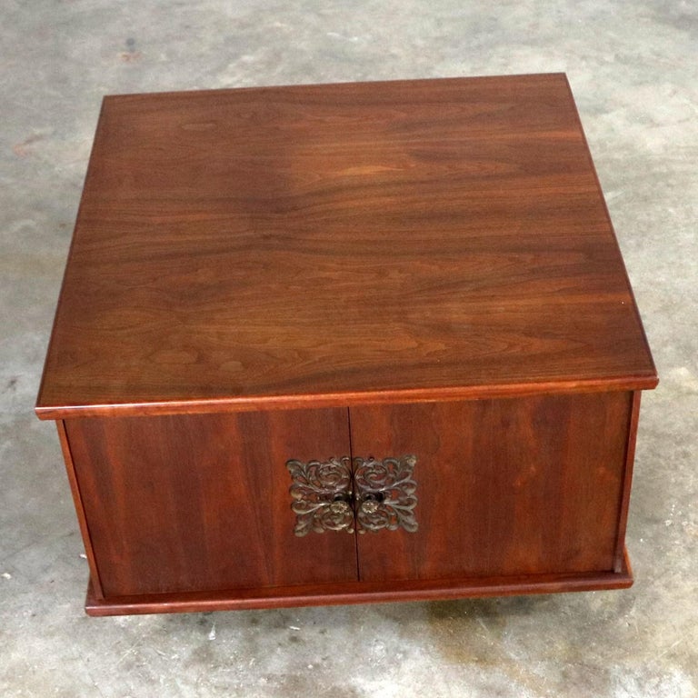Square Midcentury Walnut Rolling End Table Storage on Brass