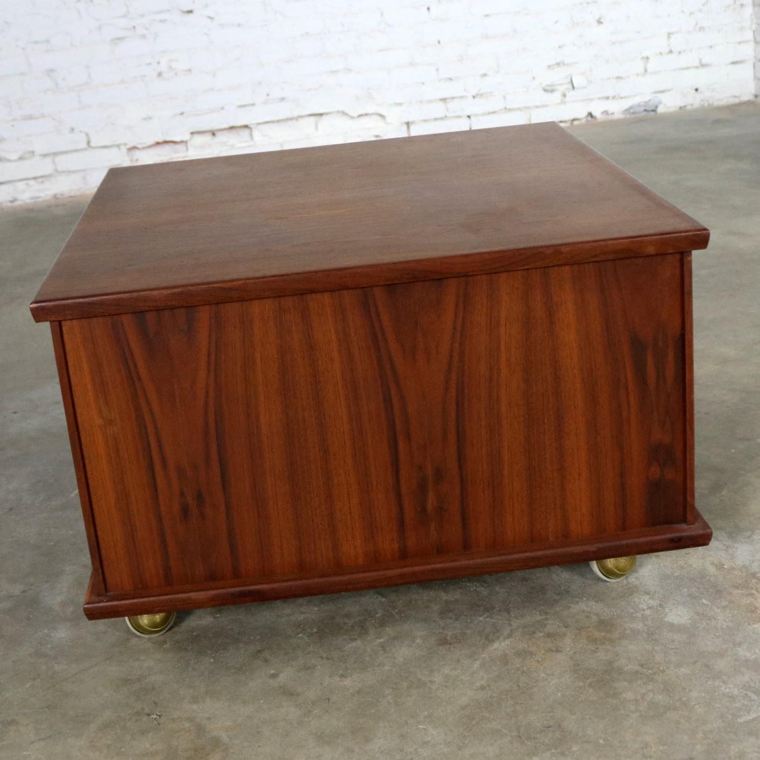 Square Midcentury Walnut Rolling End Table Storage Cabinet on Brass Ball Caster 2