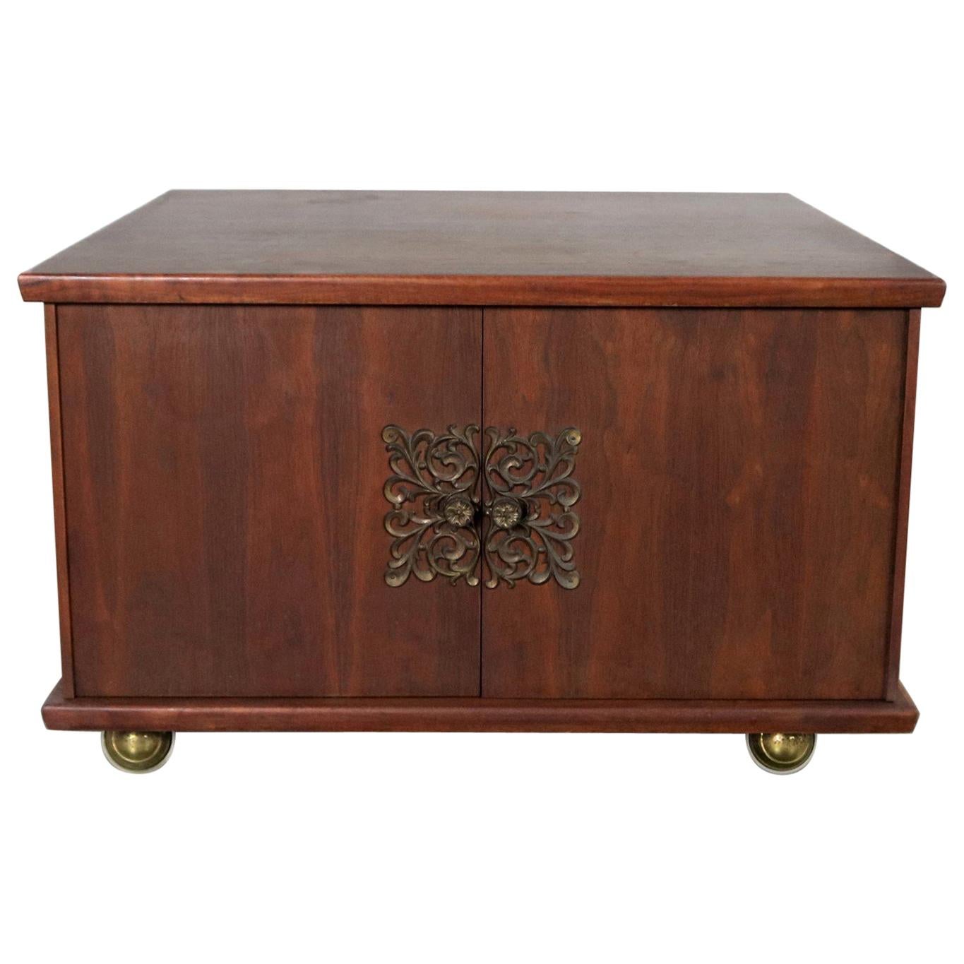 Square Midcentury Walnut Rolling End Table Storage Cabinet on Brass Ball Caster