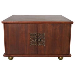 Vintage Square Midcentury Walnut Rolling End Table Storage Cabinet on Brass Ball Caster