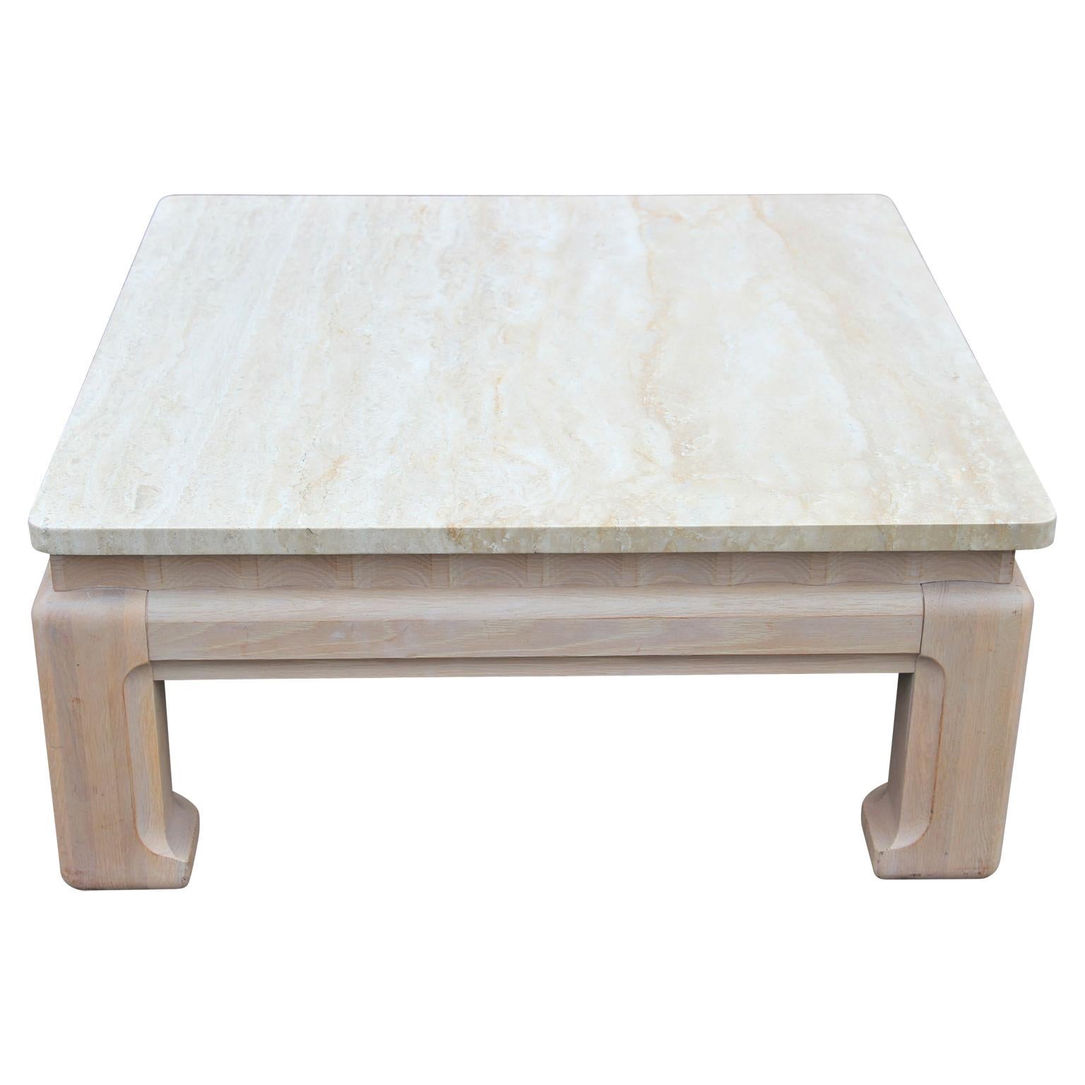 Square ming modern travertine coffee table with bleached cerused oak base. Possibly by Jay Spectre. Excellent quality and design. Made Circa 1990s.
