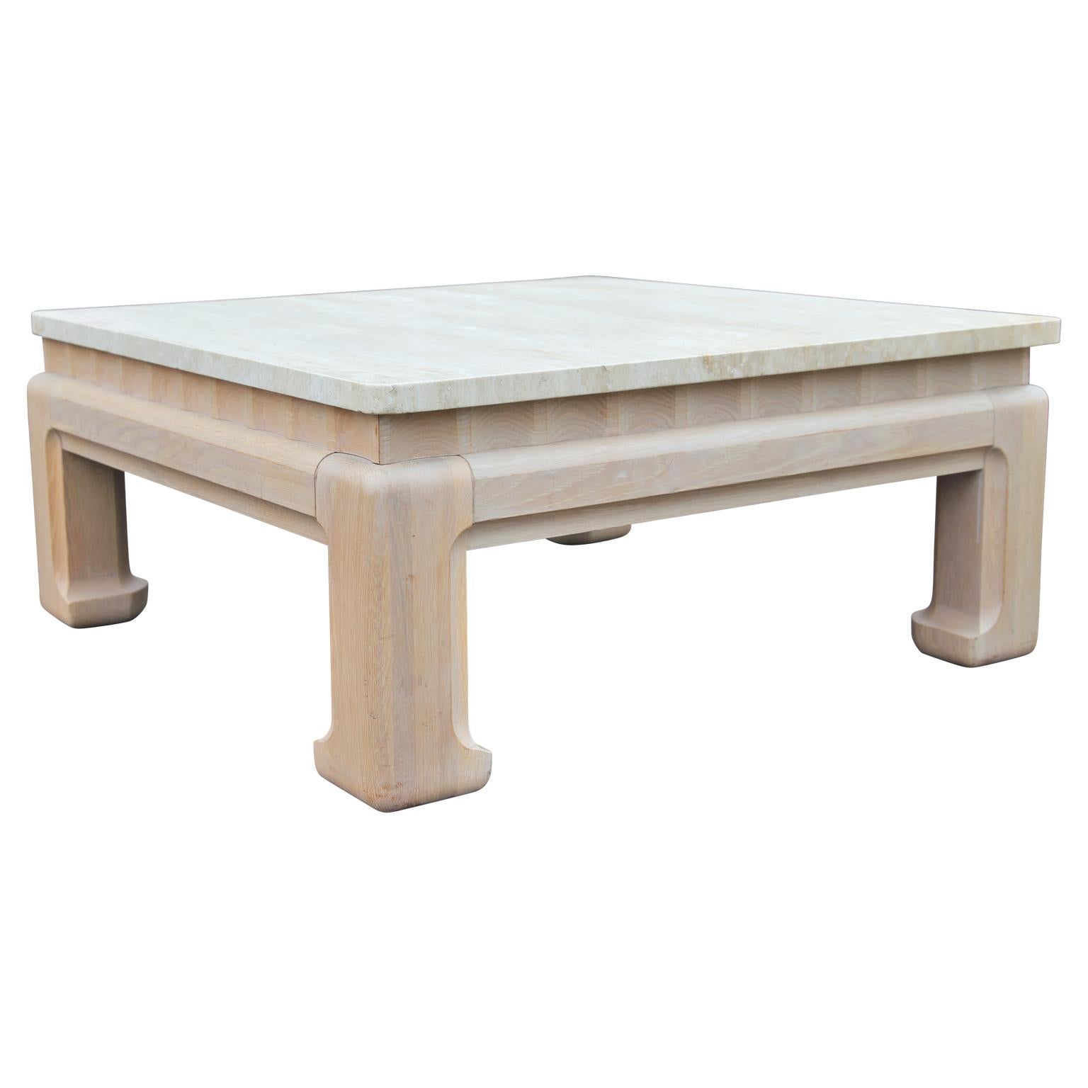 North American Square Ming Modern Travertine Coffee Table with Bleached Cerused Oak Base