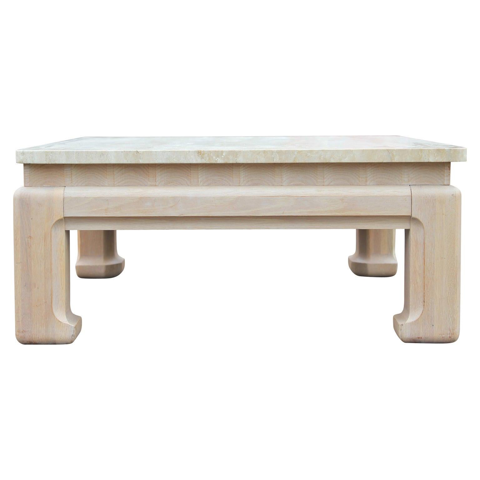 Square Ming Modern Travertine Coffee Table with Bleached Cerused Oak Base