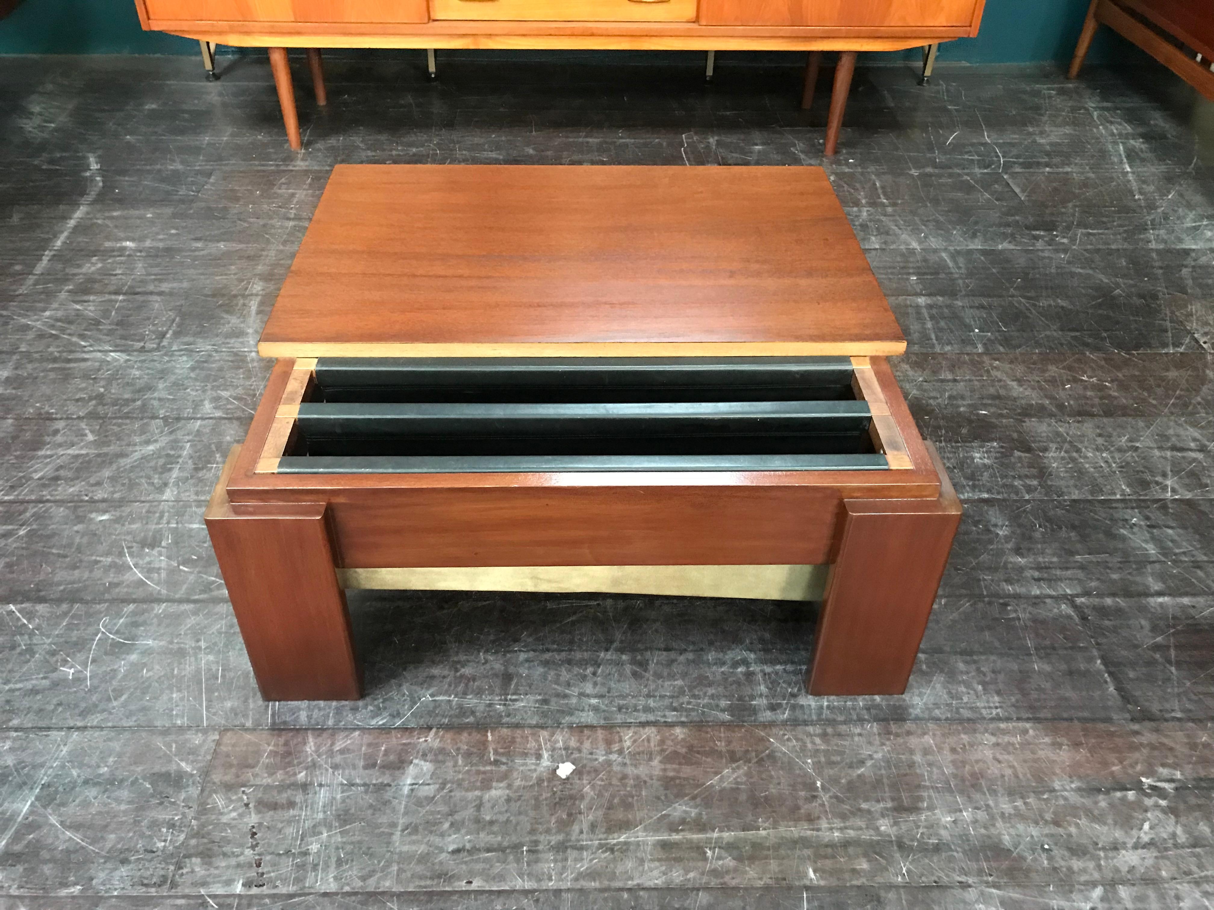 Square Minimalist Midcentury Teak Coffee Table with Twin Magazine Pockets For Sale 4