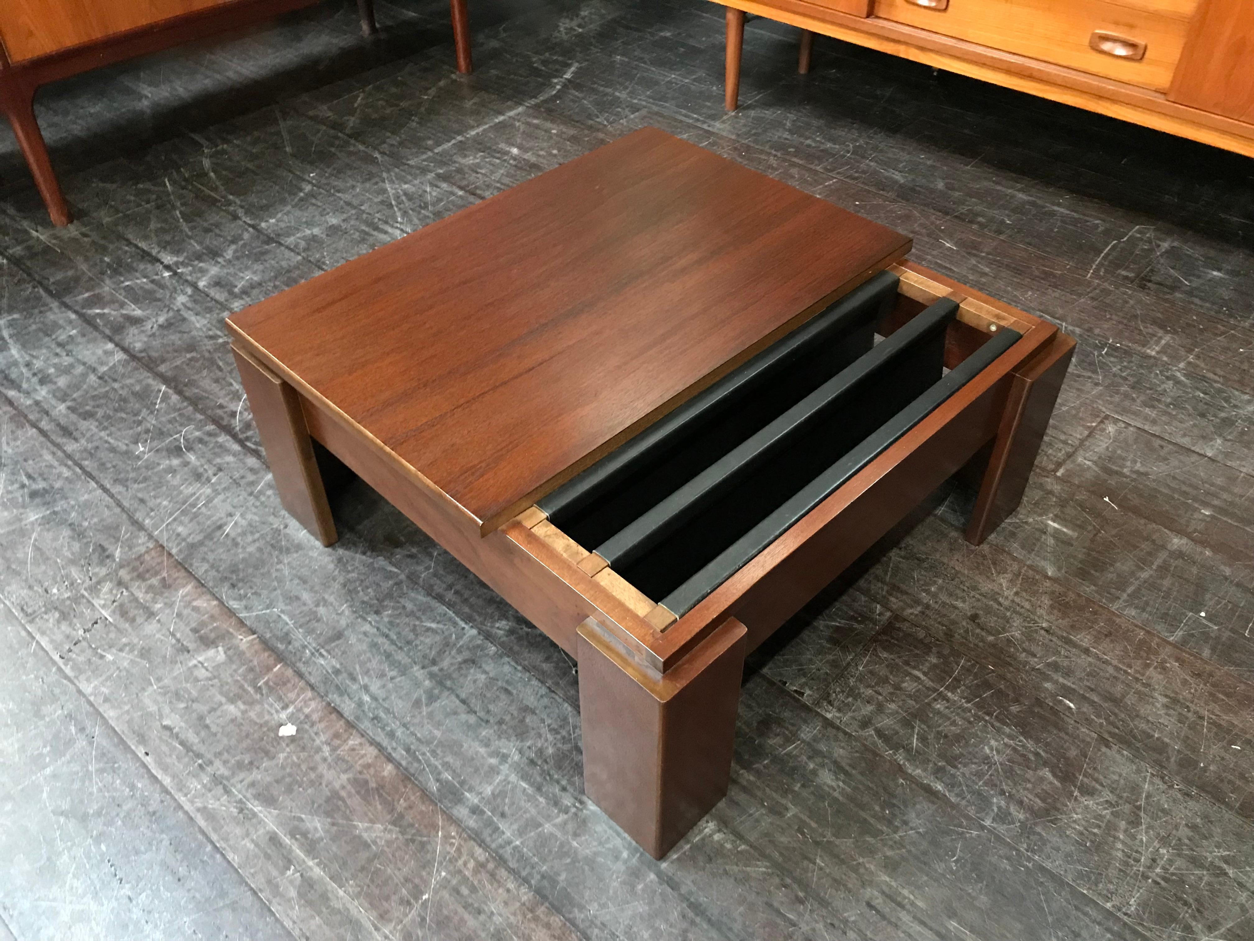 European Square Minimalist Midcentury Teak Coffee Table with Twin Magazine Pockets For Sale