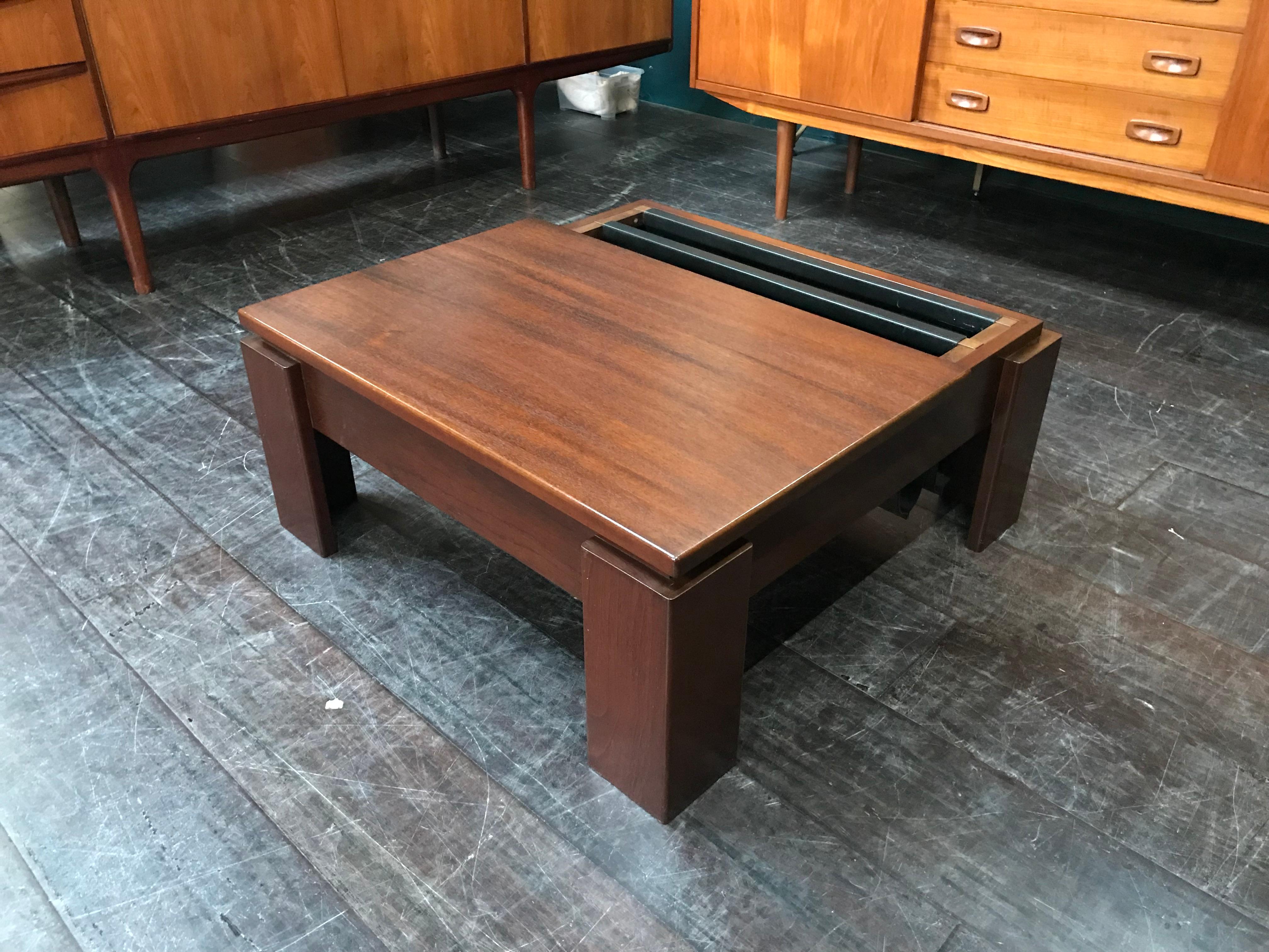 Square Minimalist Midcentury Teak Coffee Table with Twin Magazine Pockets For Sale 1